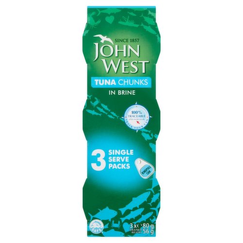 Tuna Chunks in Brine<br/><br/><b>Further Description</b><br/>Track Your Can<br/>
100% Traceable<br/>
john-west.co.uk<br/><br/><b>Features</b><br/>Ringpull Can<br/><br/><b>Lifestyle</b><br/>Dolphin friendly<br/><br/><b>Pack Size</b><br/>80g ℮<br/><br/><br/><b>Ingredients</b><br/><span style='font-weight: bold;'>Tuna</span><br/>Water<br/>Salt<br/><br/><b>Number of Units</b><br/>3<br/><br/><b>Safety Warning</b><br/>ALTHOUGH CARE IS TAKEN WHEN PREPARING OUR FISH, SOME BONES MAY REMAIN<br/><br/><b>Storage Type</b><br/>Ambient<br/><br/><b>Storage</b><br/>For Best Before End: See Side of Sleeve<br/>
Refrigerate any unused product and consume within 2 days.<br/><br/>Country of Origin - Seychelles<br/><br/><b>Company Name</b><br/>John West Foods Ltd.<br/><br/><b>Company Address</b><br/>Liverpool,<br/>
L3 1BP,<br/>
England.<br/><br/><b>Return To</b><br/>Drop us a line at: ahoy-there@john-west.com<br/>
John West Foods Ltd.,<br/>
Liverpool,<br/>
L3 1BP,<br/>
England.<br/>