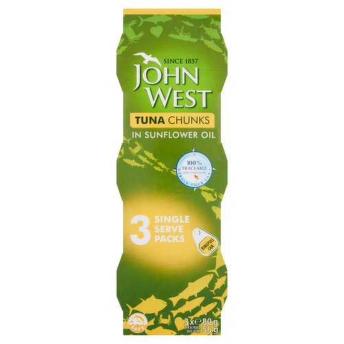 Tuna Chunks in Sunflower Oil<br/><br/><b>Further Description</b><br/>Track Your Can<br/>
100% Traceable<br/>
john-west.co.uk<br/><br/><b>Features</b><br/>Ringpull Can<br/><br/><b>Lifestyle</b><br/>Dolphin friendly<br/><br/><b>Pack Size</b><br/>80g ℮<br/><br/><br/><b>Ingredients</b><br/><span style='font-weight: bold;'>Tuna</span><br/>Sunflower Oil<br/>Salt<br/><br/><b>Number of Units</b><br/>3<br/><br/><b>Safety Warning</b><br/>ALTHOUGH CARE IS TAKEN WHEN PREPARING OUR FISH, SOME BONES MAY REMAIN<br/><br/><b>Storage Type</b><br/>Ambient<br/><br/><b>Storage</b><br/>For Best Before End: See Side of Sleeve<br/>
Refrigerate any unused product and consume within 2 days.<br/><br/>Country of Origin - Seychelles<br/><br/><b>Company Name</b><br/>John West Foods Ltd.<br/><br/><b>Company Address</b><br/>Liverpool,<br/>
L3 1BP,<br/>
England.<br/><br/><b>Return To</b><br/>Drop us a line at: ahoy-there@john-west.com<br/>
John West Foods Ltd.,<br/>
Liverpool,<br/>
L3 1BP,<br/>
England.<br/>