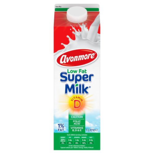 Pasteurised, Homogenised, Fortified 1% Fat Milk<br/><br/><b>Further Description</b><br/>Enjoy each 250ml glass of Super Milk® daily as part of a varied and balanced diet and healthy lifestyle. Keep an eye on your child's vitamin D intake from food supplements and other fortified foods, see www.avonmore.ie for more information.<br/>
<br/>
To learn more visit www.avonmore.ie<br/>
<br/>
Find us on Facebook<br/><br/><b>Nutritional Claims</b><br/>Low fat<br/><br/><b>Features</b><br/>Low fat<br/>1% fat<br/>Ireland's favourite milk<br/>The National Dairy Council - farmed in the Republic of Ireland<br/><br/><b>Lifestyle</b><br/>Low Fat<br/><br/><b>Pack Size</b><br/>1Litre ℮<br/><br/><b>Usage Other Text</b><br/>This pack contains 4 x 250ml servings<br/><br/><b>Usage Count</b><br/>Number of uses - Servings - 4<br/><br/><br/><b>Ingredients</b><br/>1% Fat <span style='font-weight: bold;'>Milk</span><br/>Calcium Gluconate<br/>Vitamin D3<br/>Vitamin E<br/>Riboflavin (B2)<br/>Folic Acid<br/><br/><b>Storage Type</b><br/>Chilled<br/><br/><b>Storage and Usage Statements</b><br/>Keep Refrigerated<br/><br/><b>Storage</b><br/>Keep refrigerated between 0°C and 5°C. Once opened consume within 3 days & by use by date.<br/>
Use by: see top of pack.<br/><br/><b>Storage Conditions</b><br/>Min Temp °C 0<br/>Max Temp °C 5<br/><br/><b>Company Name</b><br/>Glanbia Ireland<br/><br/><b>Company Address</b><br/>Citywest,<br/>
Dublin 24.<br/><br/><b>Trademark Information</b><br/>Super Milk® is a registered trademark of Glanbia Ireland DAC<br/><br/><b>Telephone Helpline</b><br/>1850 202 366<br/><br/><b>Web Address</b><br/>www.avonmore.ie<br/><br/><b>Return To</b><br/>Glanbia Ireland,<br/>
Citywest,<br/>
Dublin 24.<br/>
Tel: 1850 202 366<br/>
Email: milk@glanbia.ie<br/>
www.avonmore.ie<br/>