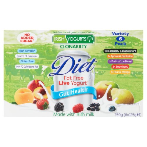 Irish Yogurts Clonakilty Diet Fat Free Live Yogurt Variety 6 x 125g (750g)