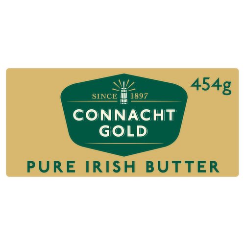 Pure Irish Butter<br/><br/><b>Features</b><br/>Suitable for vegetarians<br/><br/><b>Lifestyle</b><br/>Suitable for Vegetarians<br/><br/><b>Pack Size</b><br/>454g ℮<br/><br/><b>Usage Other Text</b><br/>Pack contains approximately 90x5g servings<br/><br/><b>Usage Count</b><br/>Number of uses - Servings - 90<br/><br/><br/><b>Ingredients</b><br/>Pasteurised Cream (<span style='font-weight: bold;'>Milk</span>)<br/>Salt<br/><br/><b>Allergy Advice</b><br/>For allergens see highlighted ingredients.<br/><br/><br/><b>Storage Type</b><br/>Chilled<br/><br/><b>Storage and Usage Statements</b><br/>Keep Refrigerated<br/><br/><b>Storage</b><br/>Keep refrigerated at 0°C - 5°C.<br/><br/><b>Storage Conditions</b><br/>Min Temp °C 0<br/>Max Temp °C 5<br/><br/><b>Preparation and Usage</b><br/>Suitable for baking and frying.<br/><br/><b>Company Name</b><br/>Aurivo Foods Limited<br/><br/><b>Company Address</b><br/>Aurivo House,<br/>
Finisklin Business Park,<br/>
Sligo.<br/><br/><b>Telephone Helpline</b><br/>+353 7191 86500<br/><br/><b>Web Address</b><br/>connachtgold.ie<br/><br/><b>Return To</b><br/>Aurivo Consumer Foods Limited,<br/>
Aurivo House,<br/>
Finisklin Business Park,<br/>
Sligo.<br/>
T: +353 7191 86500<br/>
E: consumerfoods@aurivo.ie<br/>
W: connachtgold.ie<br/>