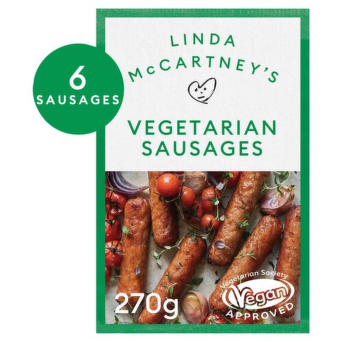 Seasoned Vegetarian Sausages Made with Rehydrated Textured Soya Protein.<br/><br/><b>Further Description</b><br/>Proudly Supporting Monday - Meat Free<br/><br/><b>Pack Size</b><br/>270g ℮<br/><br/><b>Usage Other Text</b><br/>Pack Contains 3 Servings<br/><br/><b>Usage Count</b><br/>Number of uses - Servings - 3<br/><br/><b>Recycling Info</b><br/>Pack - Recycle<br/><br/><br/><b>Ingredients</b><br/>Rehydrated Textured <span style='font-weight: bold;'>SOYA</span> Protein (52%)<br/>Water<br/>Rapeseed Oil<br/><span style='font-weight: bold;'>SOYA</span> Protein Concentrate<br/>Seasoning (<span style='font-weight: bold;'>SULPHITES</span>) (Dextrose, Flavourings, Salt, Onion Powder, Yeast Extract, Colour: Red Iron Oxide)<br/>Fortified <span style='font-weight: bold;'>WHEAT</span> Flour (<span style='font-weight: bold;'>WHEAT</span> Flour, Calcium Carbonate, Iron, Niacin, Thiamin)<br/>Bamboo Fibre<br/>Stabiliser: Methyl Cellulose<br/>Tomato Purée<br/>Salt<br/>Raising Agent: Ammonium Carbonates<br/><br/><b>Allergy Advice</b><br/>For allergens, including Cereals containing Gluten, see ingredients in <span style='font-weight: bold;'>CAPITALS</span>.<br/><br/><br/><b>Storage Type</b><br/>Frozen<br/><br/><b>Storage and Usage Statements</b><br/>Keep Frozen<br/><br/><b>Storage</b><br/>For best before end see side of pack.<br/>
Keep frozen -18°C or below. Do not refreeze.<br/><br/><b>Storage Conditions</b><br/>Max Temp °C -18<br/><br/><b>Cooking Guidelines</b><br/>Cooking Instructions - General - Cooking instructions given are for 2 vegetarian sausages. For best results always cook from frozen. All cooking appliances vary; timings are to be used as a guideline only, please adjust times accordingly. Ensure food is piping hot and cooked through prior to serving. Remove outer packaging. Grill for best results.<br/>Grill - From Chilled - Preheat grill and wire rack to a moderate heat. Place vegetarian sausages on the wire rack and grill for 14 minutes, turning occasionally.<br/>Hob - From Chilled - Preheat 1 teaspoon of oil in a non-stick frying pan over a low to medium heat. Add vegetarian sausages and cook for 15 minutes, turning regularly.<br/>Oven cook - From Chilled - Preheat oven to 180°C/Fan 160°C/Gas Mark 4. Place vegetarian sausages onto a preheated baking tray and cook in the centre of the oven for 16 minutes, turning occasionally.<br/><br/><b>Company Name</b><br/>Linda McCartney Foods<br/><br/><b>Company Address</b><br/>Holt Road,<br/>
Fakenham,<br/>
Norfolk,<br/>
NR21 8EH,<br/>
UK.<br/>
<br/>
Hain Celestial,<br/>
First Floor,<br/>
Elm Court,<br/>
Boreenmanna Road,<br/>
Cork,<br/>
T12 HHW2,<br/>
Ireland.<br/><br/><b>Telephone Helpline</b><br/>0800 626 697<br/><br/><b>Web Address</b><br/>www.lindamccartneyfoods.co.uk<br/><br/><b>Return To</b><br/>Please Get in Touch<br/>
customercare@lindamccartneyfoods.co.uk<br/>
0800 626 697<br/>
www.lindamccartneyfoods.co.uk<br/>
Linda McCartney Foods,<br/>
Holt Road,<br/>
Fakenham,<br/>
Norfolk,<br/>
NR21 8EH,<br/>
UK.<br/>
<br/>
Hain Celestial,<br/>
First Floor,<br/>
Elm Court,<br/>
Boreenmanna Road,<br/>
Cork,<br/>
T12 HHW2,<br/>
Ireland.<br/>