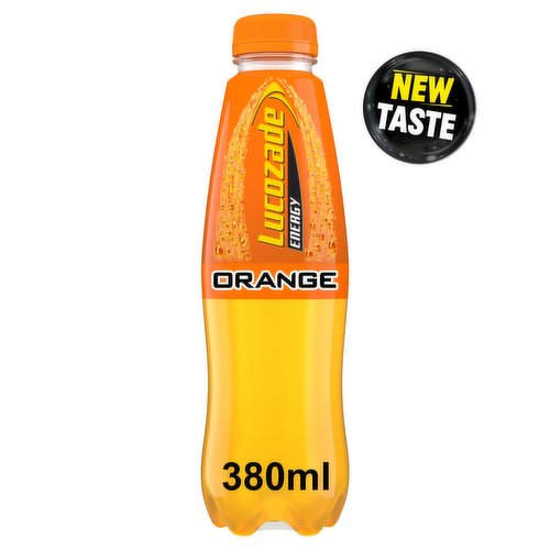 Sparkling Orange Glucose Drink with Sugars and Sweeteners<br/><br/><b>Features</b><br/>Bursting with orange citrus flavour, Lucozade Orange 380ml is refreshing and zesty! Best enjoyed <br/>
cold.<br/>
Lucozade is all about unlocking the potential of people's positivity energy! With Vitamin B3 to help reduce tiredness, Lucozade Energy supports your everyday energy to get you through even your busiest days!<br/><br/><b>Usage Other Text</b><br/>This pack contains 1 serving<br/><br/><b>Usage Count</b><br/>Number of uses - Servings - 1<br/><br/><b>Recycling Info</b><br/>Bottle - Plastic - Widely Recycled<br/>Cap - Plastic - Check Local Recycling<br/><br/><br/><b>Ingredients</b><br/>Carbonated Water<br/>Glucose Syrup (11%)<br/>Orange Juice from Concentrate (6%)<br/>Acid (Citric Acid)<br/>Acidity Regulator (Sodium Gluconate)<br/>Flavourings<br/>Preservative (Potassium Sorbate)<br/>Sweeteners (Sucralose, Acesulfame K)<br/>Stabiliser (Acacia Gum)<br/>Caffeine<br/>Antioxidant (Ascorbic Acid)<br/>Niacin (Vitamin B3)<br/>Colour (Beta Carotene)<br/><br/><b>Lower Age Limit</b><br/>Advisory - Years - 3<br/><br/><b>Storage Type</b><br/>Ambient<br/><br/><b>Storage</b><br/>Find the Best Before End date on the cap or top of this bottle.<br/><br/><b>Preparation and Usage</b><br/>Enjoy it cold and as part of a balanced diet and an active lifestyle.<br/><br/><b>Company Name</b><br/>Lucozade Ribena Suntory Limited<br/><br/><b>Company Address</b><br/>2 Longwalk Road,<br/>
Stockley Park,<br/>
Uxbridge,<br/>
UB11 1BA.<br/><br/><b>Trademark Information</b><br/>Lucozade, Lucozade Energy and the Arc device are registered trade marks of Lucozade Ribena Suntory Limited. © Lucozade Ribena Suntory Ltd. All rights reserved<br/><br/><b>Telephone Helpline</b><br/>UK: 0800 096 3666<br/>
ROI: 1800 989 488<br/><br/><b>Web Address</b><br/>www.LucozadeEnergy.com<br/><br/><b>Return To</b><br/>Consumer Care, Lucozade Ribena Suntory Ltd., <br/>
Stockley Park, <br/>
Uxbridge, <br/>
UB11 1BA.<br/>