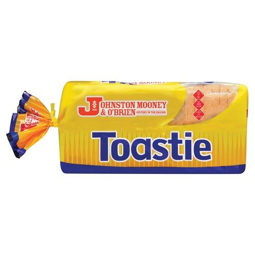 Toastie<br/><br/><b>Nutritional Claims</b><br/>Low in fat<br/>No added sugar<br/>Source of protein<br/><br/><b>Features</b><br/>Hygiene & food safety<br/>Low in fat<br/>No added sugar<br/>Source of protein<br/>Suitable for vegetarians<br/><br/><b>Lifestyle</b><br/>Low Fat<br/>No Added Sugar<br/>Suitable for Vegetarians<br/><br/><b>Pack Size</b><br/>800g ℮<br/><br/><b>Usage Other Text</b><br/>This pack contains 21 slices<br/><br/><b>Usage Count</b><br/>Number of uses - Servings - 21<br/><br/><br/><b>Ingredients</b><br/><span style='text-decoration: underline;'>Wheat</span> Flour (<span style='text-decoration: underline;'>Wheat</span>, Calcium Carbonate, Iron, Thiamin, Niacin)<br/>Water<br/>Yeast<br/>Salt<br/><span style='text-decoration: underline;'>Soya</span> Flour<br/>Vegetable Oil (Rapeseed)<br/>Emulsifiers: E472e, E481<br/>Vegetable Fat (Palm)<br/>Preservative: E282<br/>Flour Treatment Agents: Ascorbic Acid (Vitamin C), E920<br/><br/><b>Allergy Advice</b><br/>For allergens, including Cereals containing Gluten, please refer to <span style='text-decoration: underline;'>highlighted</span> ingredients<br/><br/><br/><b>Allergy Text</b><br/>May contain traces of Sesame Seed<br/><br/><br/><b>Storage Type</b><br/>Ambient<br/><br/><b>Storage and Usage Statements</b><br/>Suitable for Home Freezing<br/><br/><b>Storage</b><br/>Store in a cool dry place - ideally not refrigerated. Under warm conditions, shelf life may be reduced.<br/>
Freeze on day of purchase. Use within one month.<br/>
Best Before: see bag closure<br/><br/><b>Company Name</b><br/>Johnston Mooney & O'Brien<br/><br/><b>Company Address</b><br/>11 Jamestown Road,<br/>
Finglas,<br/>
Dublin 11.<br/><br/><b>Telephone Helpline</b><br/>01 844 3700<br/><br/><b>Web Address</b><br/>www.jmob.ie<br/><br/><b>Return To</b><br/>Johnston Mooney & O'Brien,<br/>
11 Jamestown Road,<br/>
Finglas,<br/>
Dublin 11.<br/>
Tel: 01 844 3700<br/>
www.jmob.ie<br/>