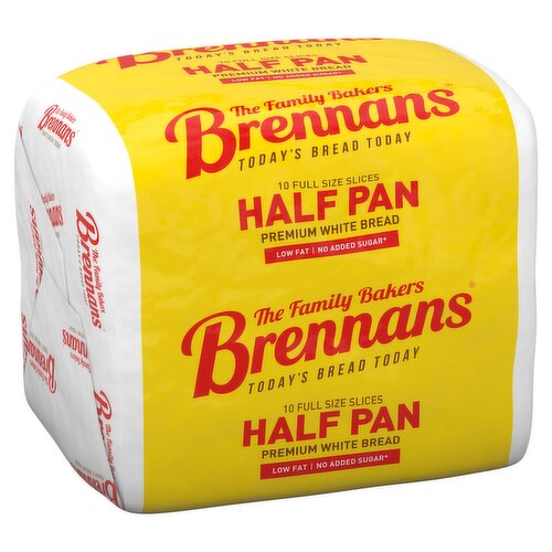 Half Pan Premium White Bread<br/><br/><b>Nutritional Claims</b><br/>Low fat<br/>No added sugar<br/><br/><b>Features</b><br/>Low fat<br/>Quality certified<br/>No added sugar - contains naturally occurring sugars<br/>Suitable for vegetarians<br/><br/><b>Lifestyle</b><br/>Low Fat<br/>No Added Sugar<br/>Suitable for Vegetarians<br/><br/><b>Pack Size</b><br/>400g ℮<br/><br/><b>Usage Other Text</b><br/>10 slices per pack<br/><br/><b>Usage Count</b><br/>Number of uses - Servings - 10<br/><br/><br/><b>Ingredients</b><br/>Wheat Flour (<span style='font-weight: bold;'>Wheat</span>, Calcium Carbonate, Iron, Thiamin, Niacin)<br/>Water<br/>Yeast<br/>Salt<br/>Vegetable Oil (Rapeseed)<br/><span style='font-weight: bold;'>Soya</span> Flour<br/>Emulsifier: E472e<br/>Flour Treatment Agent: Ascorbic Acid (Vitamin C)<br/>Vegetable Fat (Palm)<br/><br/><b>Allergy Advice</b><br/>For allergens, including Cereals containing Gluten, see ingredients in <span style='font-weight: bold;'>bold</span><br/><br/><br/><b>Safety Warning</b><br/>Safety First: This pack contains a cardboard end piece. Please dispose of carefully.<br/><br/><b>Storage Type</b><br/>Ambient<br/><br/><b>Storage and Usage Statements</b><br/>Suitable for Home Freezing<br/><br/><b>Storage</b><br/>Store in a cool, dry place. Under warm conditions storage life may be reduced.<br/>
Suitable for home freezing.<br/>
Freeze on day of purchase, consume within one month.<br/>
Defrost thoroughly before use.<br/>
For Best Before date see label on top of pack.<br/><br/><b>Company Name</b><br/>Joseph Brennan Bakeries<br/><br/><b>Company Address</b><br/>Walkinstown,<br/>
Dublin 12.<br/><br/><b>Telephone Helpline</b><br/>ROI: +353 1 460 8400<br/>NI: 0845 602 7460<br/><br/><b>Web Address</b><br/>www.BrennansBread.ie<br/><br/><b>Return To</b><br/>Joseph Brennan Bakeries,<br/>
Walkinstown,<br/>
Dublin 12.<br/>
ROI: +353 1 460 8400<br/>
NI: Lo-Call 0845 602 7460<br/>
www.BrennansBread.ie<br/>
