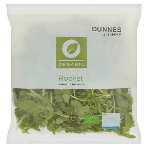 Washed Organic Rocket<br/><br/><b>Nutritional Claims</b><br/>High in folic acid<br/><br/><b>Features</b><br/>Organic<br/>Washed rocket leaves<br/>Ready to eat<br/>High in folic acid<br/><br/><b>Lifestyle</b><br/>Organic<br/><br/><b>Pack Size</b><br/>80g ℮<br/><br/><b>Usage Other Text</b><br/>Number of servings per pack: 2<br/><br/><b>Usage Count</b><br/>Number of uses - Servings - 2<br/><br/><br/><b>Ingredients</b><br/>Organic Rocket (100%)<br/><br/><b>Storage Type</b><br/>Chilled<br/><br/><b>Storage and Usage Statements</b><br/>Keep Refrigerated<br/>Ready to Eat<br/><br/><b>Storage</b><br/>Keep refrigerated at 0°C to +4°C.<br/>
- Consume within 48 hours of opening and by 'use by' date.<br/>
- For 'use by' see front of pack.<br/>
- Not suitable for home freezing.<br/><br/><b>Storage Conditions</b><br/>Min Temp °C 0<br/>Max Temp °C 4<br/><br/><b>Origin</b><br/>Packed in Co. Louth<br/><br/><b>Company Name</b><br/>Dunnes Stores<br/><br/><b>Company Address</b><br/>46-50 South Great George's Street,<br/>
Dublin 2.<br/>
<br/>
Store 3,<br/>
Forestside S.C.,<br/>
Upr. Galwally Rd.,<br/>
Belfast,<br/>
BT8 6FX.<br/><br/><b>Return To</b><br/>Dunnes Stores,<br/>
46-50 South Great George's Street,<br/>
Dublin 2.<br/>
<br/>
Dunnes Stores,<br/>
Store 3,<br/>
Forestside S.C.,<br/>
Upr. Galwally Rd.,<br/>
Belfast,<br/>
BT8 6FX.<br/>