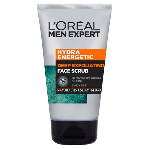 <b>Features</b><br/>Removes impurities and shine<br/>Helps to unblock pores<br/>With natural exfoliating particles<br/>The hydra energetic deep exfoliating face scrub deeply purifies and cleanses the skin<br/><br/><b>Pack Size</b><br/>100ml ℮<br/><br/><br/><b>Ingredients</b><br/>781697 102<br/>Aqua / Water<br/>Perlite<br/>Glycerin<br/>Sodium Laureth Sulfate<br/>Xanthan Gum<br/>PEG-60 Hydrogenated Castor Oil<br/>Mentha Piperita Extract / Peppermint Extract<br/>Sodium Lauroyl Oat Amino Acids<br/>Silica<br/>Coco-Glucoside<br/>Alcohol<br/>Disodium EDTA<br/>Hydrogenated Castor Oil<br/>Hydrogenated Jojoba Oil<br/>Hydroxypropyl Guar<br/>Pentylene Glycol<br/>Decyl Glucoside<br/>Ethylhexylglycerin<br/>Sodium Benzoate<br/>Salicylic Acid<br/>Phenoxyethanol<br/>CI 19140 / Yellow 5<br/>CI 42053 / Green 3<br/>CI 77007 / Ultramarines<br/>Limonene<br/>Parfum / Fragrance<br/><br/><b>Storage Type</b><br/>Ambient<br/><br/><b>Preparation and Usage</b><br/>Use daily all over the face in the morning and/or evening<br/><br/>Country of Origin - France<br/><br/><b>Company Name</b><br/>L'Oréal Paris<br/><br/><b>Company Address</b><br/>London,<br/>
W6 8AZ.<br/><br/><b>Telephone Helpline</b><br/>UK: 0800 0304 032<br/>ROI: 1800 818 672<br/><br/><b>Web Address</b><br/>www.loreal-paris.co.uk/contact-us<br/><br/><b>Return To</b><br/>For expert advice, please contact:<br/>
L'Oréal Consumer Advisory Department<br/>
UK: 0800 0304 032<br/>
ROI: 1800 818 672<br/>
L'Oréal Paris,<br/>
London,<br/>
W6 8AZ.<br/>
www.loreal-paris.co.uk/contact-us<br/><br/>