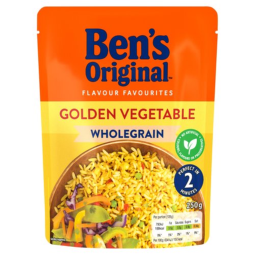 Steamed parboiled wholegrain rice with pepper, sweetcorn and peas.<br/><br/><b>Further Description</b><br/>Visit BensOriginal.co.uk or BensOriginal.ie to find out more.<br/>
<br/>
This rice helps you create a delicious and wholesome meal that can be enjoyed any day of the week.<br/>
Discover more on our website<br/>
<br/>
The rice in this pouch has been grown as part of our sustainability programme. Visit bensoriginal.co.uk to find out more about our commitments.<br/><br/><b>Features</b><br/>Convenient: Microwave rice in just 2 minutes<br/>Nutritious: No artificial colours, flavours or preservatives<br/>Ben´s Original™ Wholegrain Golden Vegetable microwave rice is suitable for vegetarians<br/>Ben´s Original™ Rice is sustainably sourced<br/>Gently steamed for 2 servings of perfect rice every time<br/><br/><b>Lifestyle</b><br/>Suitable for Vegetarians<br/><br/><b>Pack Size</b><br/>250g ℮<br/><br/><b>Usage Count</b><br/>Number of uses - Servings - 2<br/><br/><b>Recycling Info</b><br/>Pack - Don't Recycle<br/><br/><br/><b>Ingredients</b><br/>Steamed Parboiled Wholegrain Rice (83%)<br/>Red Pepper (4.7%)<br/>Carrot<br/>Sweetcorn (3.1%)<br/>Peas (1.9%)<br/>Sunflower Oil<br/>Salt<br/>Yeast Extract<br/>Natural Flavouring<br/>Onion Powder<br/>Spices<br/>Acid (Citric Acid)<br/><br/><b>Storage Type</b><br/>Ambient<br/><br/><b>Storage</b><br/>Store in a dry place at room temperature. Once opened refrigerate unheated rice for up to 3 days.<br/><br/><b>Cooking Guidelines</b><br/>Cooking Instructions - General - Squeeze the pouch to separate the rice.<br/>Hob - From Ambient - Boil 30ml (about 2tbsp) water.<br/>
Add the rice, cover and simmer for 3 mins.<br/>
Stir rice through for a perfect finish.<br/>Microwave - From Ambient - Tear the top corner open slightly.<br/>
Heat for 2 mins in a 700W microwave or 90 sec in a 900W.<br/>
Stir rice through for a perfect finish.<br/>Stir Fry - From Ambient - Stir fry for 2 minutes.<br/><br/><b>Company Name</b><br/>Mars Food UK / Mars Foods Ireland Limited<br/><br/><b>Company Address</b><br/>GB: Freepost Mars Food UK.<br/>
<br/>
IE: Mars Foods Ireland Limited,<br/>
PO Box 3856,<br/>
Dublin 4.<br/><br/><b>Durability after Opening</b><br/>Consume Within - Days - 3<br/><br/><b>Telephone Helpline</b><br/>GB: 0800 952 1234<br/>IE: 1800 013 013<br/><br/><b>Web Address</b><br/>www.bensoriginal.co.uk<br/>www.bensoriginal.ie<br/><br/><b>Return To</b><br/>GB: Freepost Mars Food UK,<br/>
0800 952 1234<br/>
www.bensoriginal.co.uk<br/>
<br/>
IE: Mars Foods Ireland Limited,<br/>
PO Box 3856,<br/>
Dublin 4.<br/>
1890 812 315<br/>
www.bensoriginal.ie<br/>