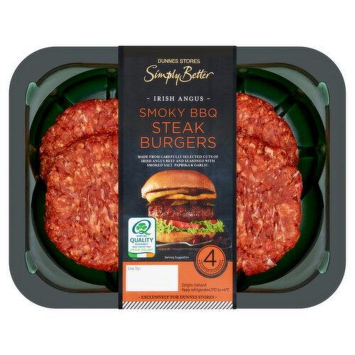 Dunnes Stores Simply Better 4 Irish Angus Smoky BBQ Steak Burgers 454g