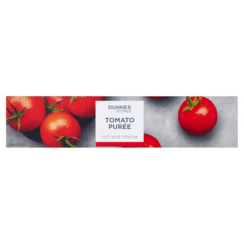 Concentrated Tomato Purée<br/><br/><b>Features</b><br/>Rich and intense concentrated tomato purée<br/>Perfect in pasta sauces<br/>Suitable for vegans<br/><br/><b>Lifestyle</b><br/>Suitable for Vegans<br/><br/><b>Pack Size</b><br/>140g ℮<br/><br/><b>Recycling Info</b><br/>Box - Card - Widely Recycled<br/>Lid - Plastic - Widely Recycled<br/><br/><br/><b>Ingredients</b><br/>Tomatoes (99%)<br/>Salt<br/><br/><b>Storage Type</b><br/>Ambient<br/><br/><b>Storage and Usage Statements</b><br/>Not Suitable for Home Freezing<br/><br/><b>Storage</b><br/>Store in a cool dry place.<br/>
Once opened, keep refrigerated and consume within 7 days.<br/>
Not suitable for home freezing.<br/><br/><b>Preparation and Usage</b><br/>Serving<br/>
Adds flavour and texture to sauces.<br/><br/>Country of Origin - Italy<br/>Packed In - Italy<br/><br/><b>Origin</b><br/>Produced and packed in Italy<br/><br/><b>Company Name</b><br/>Dunnes Stores<br/><br/><b>Company Address</b><br/>46-50 South Great George's Street,<br/>
Dublin 2.<br/>
<br/>
Store 3,<br/>
Forestside S.C.,<br/>
Upr. Galwally Rd.,<br/>
Belfast,<br/>
BT8 6FX.<br/><br/><b>Return To</b><br/>Quality Guarantee<br/>
If you are not satisfied with this product please return to store and we will be happy to replace or refund it for you. This does not affect your statutory rights.<br/>
Dunnes Stores,<br/>
46-50 South Great George's Street,<br/>
Dublin 2.<br/>
<br/>
Dunnes Stores,<br/>
Store 3,<br/>
Forestside S.C.,<br/>
Upr. Galwally Rd.,<br/>
Belfast,<br/>
BT8 6FX.<br/>