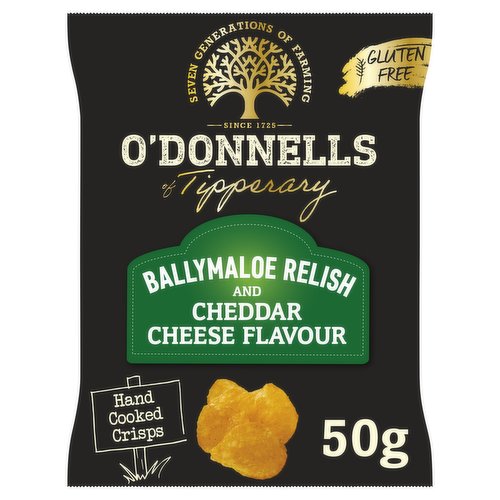 Ballymaloe Relish & Irish Cheddar Flavour Hand Cooked Potato Crisps<br/><br/><b>Further Description</b><br/>You may notice this 50g pack feels a little different. That's because we are now using 18% less packaging. At O'Donnells, through our packaging reduction initiatives, we are committed to reducing our impact on the planet, one bag of crisps at a time.<br/>
<br/>
Seven Generations of Farming - Seskin Farm<br/><br/><b>Features</b><br/>Hand cooked crips<br/>Free from Food Awards Ireland - Bronze Award Winner 2020<br/>Fried in 100% high oleic sunflower oil<br/>No hydrogenated fats<br/>Gluten Free<br/>Does not contain added MSG<br/>No added MSG<br/>No artificial colours or flavours<br/>No GM ingredients<br/>Suitable for vegetarians<br/><br/><b>Lifestyle</b><br/>Gluten free<br/>Suitable for Vegetarians<br/><br/><b>Pack Size</b><br/>50g ℮<br/><br/><b>Usage Other Text</b><br/>50g pack = 1 Serving<br/><br/><b>Usage Count</b><br/>Number of uses - Servings - 1<br/><br/><br/><b>Ingredients</b><br/>Potatoes<br/>High Oleic Sunflower Oil<br/>Ballymaloe Relish & Irish Cheddar Flavour (Sugar, Natural Flavourings, Salt, Onion Powder, Tomato Powder, Yeast Extract, Cheese Powder (<span style='font-weight: bold;'>MILK</span>), Whole <span style='font-weight: bold;'>MILK</span> Powder, Acid (Citric Acid), Spices, Dried Wexford Cheddar Cheese Powder (<span style='font-weight: bold;'>MILK</span>), Garlic Powder, Colour (Paprika Extract), Antioxidant Rosemary Extract))<br/><br/><b>Storage Type</b><br/>Ambient<br/><br/><b>Storage</b><br/>Keep these hand cooked crisps cool, dry and away from bright lights and strong flavours.<br/><br/><b>Origin</b><br/>Produced in Co. Meath<br/><br/><b>Company Name</b><br/>O'Donnells Crisps<br/><br/><b>Company Address</b><br/>O'Donnells Crisps,<br/>
Seskin Farm,<br/>
Kilsheelan,<br/>
Clonmel,<br/>
Co. Tipperary,<br/>
Ireland.<br/><br/><b>Web Address</b><br/>www.odonnellscrisps.com<br/><br/><b>Return To</b><br/>O'Donnells Crisps,<br/>
Seskin Farm,<br/>
Kilsheelan,<br/>
Clonmel,<br/>
Co. Tipperary,<br/>
Ireland.<br/>
<br/>
Northern Snack Foods Ltd.,<br/>
Lissue Road Industrial Estate,<br/>
Lissue Road,<br/>
Lisburn,<br/>
Co. Antrim,<br/>
BT28 2LU.<br/>
www.odonnellscrisps.com<br/>