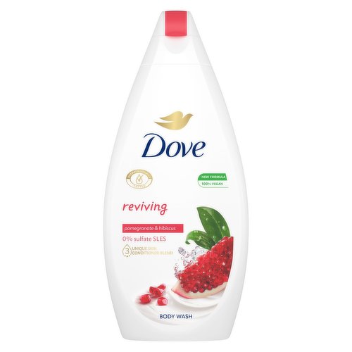 <b>Features</b><br/>Dove Reviving Pomegranate & Verbena Body Wash gives you softer, smoother skin after just one shower<br/>Made with ¼ moisturising cream, this nourishing body wash helps minimise skin dryness<br/>This moisturising body wash delivers skin-natural nutrients to make your skin feel cared for<br/>Discover the gentlest ever sulphate-SLES-free body wash from Dove<br/>Dove Reviving Pomegranate & Verbena Body Wash is dermatologically tested and nourishes deep into the surface layers of your skin*<br/>Made with naturally derived cleansers, this sulphate free body wash helps to refresh and indulge your skin and senses with its invigorating, fruity scent<br/><br/><b>Pack Size</b><br/>450millilitre ℮<br/><br/><br/><b>Ingredients</b><br/>Aqua, Cocamidopropyl Betaine, Sodium Lauroyl Glycinate, Sodium Lauroyl Isethionate, Sodium Chloride, Lauric Acid, Glycerin, Parfum, Glycol Distearate, Carbomer, PEG-150 Pentaerythrityl Tetrastearate, Sodium Hydroxide, DMDM Hydantoin, Stearic Acid, PPG-2 Hydroxyethyl Cocamide, Sodium Benzoate, Palmitic Acid, Sodium Isethionate, Glycol Stearate, Tetrasodium EDTA, Butylene Glycol, Capric Acid, Iodopropynyl Butylcarbamate, Citric Acid, Punica Granatum Fruit Juice, Hibiscus Sabdariffa Flower Extract, Citronellol, Geraniol, Hexyl Cinnamal, Limonene, Linalool, CI 17200<br/><br/><b>Safety Warning</b><br/>N/A<br/><br/><b>Storage Type</b><br/>Ambient<br/><br/>Country of Origin - Germany<br/><br/><b>Origin</b><br/>Germany<br/><br/><b>Company Name</b><br/>Unilever UK Ltd. / Unilever Ireland Ltd.<br/><br/><b>Company Address</b><br/>Unilever Dept ER,<br/>
Wirral CH63 3JW UK<br/><br/><b>Telephone Helpline</b><br/>UK: 0800 085 1548<br/>
ROI: 1850 404 060 (Callsave)<br/><br/><b>Web Address</b><br/>www.dove.com/uk<br/>
www.unilever.com<br/><br/>