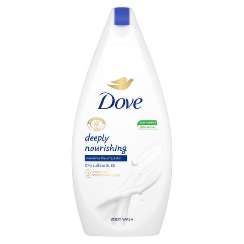 <b>Features</b><br/>Dove Deeply Nourishing Body wash transforms even the driest skin in just one shower<br/>Moisturising body wash with 3 Unique Skin Conditioners that doesn’t strip moisture from the skin but instead replenishes it from within<br/>97% biodegradable formula* packaged in a 100% recycled plastic bottle (excluding cap and label)<br/>Moisturise skin with this hydrating body wash<br/>Dove Deeply Nourishing Body Wash is dermatologically tested and nourishes deep into the surface layers of your skin<br/>Body wash that is Dermatologically tested and is PETA Vegan Certified<br/><br/><b>Pack Size</b><br/>450millilitre ℮<br/><br/><br/><b>Ingredients</b><br/>Aqua, Cocamidopropyl Betaine, Sodium Hydroxypropyl Starch Phosphate, Lauric Acid, Sodium Lauroyl Glycinate, Sodium Lauroyl Isethionate, Sodium Chloride, Glycerin, Hydrogenated Soybean Oil, Parfum, Helianthus Annuus Seed Oil, Sodium Benzoate, Sodium Hydroxide, Citric Acid, Stearic Acid, Guar Hydroxypropyltrimonium Chloride, Undecylenoyl Glycine, Capryloyl Glycine, Sodium Isethionate, Palmitic Acid, Tetrasodium EDTA, Caprylic Acid, Capric Acid, Hydroxystearic Acid, Benzyl Alcohol, Citronellol, Hexyl Cinnamal, Limonene, Linalool.<br/><br/><b>Safety Warning</b><br/>not applicable<br/><br/><b>Storage Type</b><br/>Ambient<br/><br/>Country of Origin - Germany<br/><br/><b>Origin</b><br/>Germany<br/><br/><b>Company Name</b><br/>Unilever UK Ltd. / Unilever Ireland Ltd.<br/><br/><b>Company Address</b><br/>Unilever Dept ER,<br/>
Wirral CH63 3JW UK<br/><br/><b>Telephone Helpline</b><br/>UK: 0800 085 1548<br/>
ROI: 1850 404 060 (Callsave)<br/><br/><b>Web Address</b><br/>www.dove.com/uk<br/>
www.unilever.com<br/><br/>