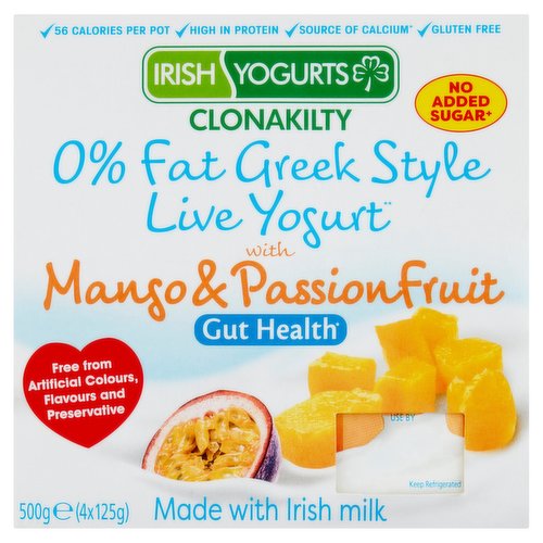 Irish Yogurts Clonakilty 0% Fat Greek Style Live Yogurt with Mango & Passion Fruit 4 x 125g (500g)