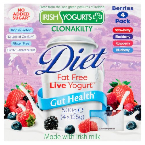 Irish Yogurts Clonakilty Diet Fat Free Live Yogurt Berries 4 x 125g (500g)