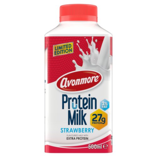 Pasteurised, Homogenised, Fortified, 1% Low Fat Strawberry Milk Drink with sweetener<br/><br/><b>Further Description</b><br/>Enjoy as part of a varied and balanced diet and healthy lifestyle.<br/><br/><b>Nutritional Claims</b><br/>Zinc supports normal protein production<br/>Magnesium, vitamin D and calcium aid normal muscle function<br/>Protein contributes to the growth and maintenance of muscle mass<br/><br/><b>Features</b><br/>1% fat<br/>27g protein<br/>Flavoured milk with extra protein<br/><br/><b>Pack Size</b><br/>500ml ℮<br/><br/><b>Usage Other Text</b><br/>This pack contains 1 x 500ml serving<br/><br/><b>Usage Count</b><br/>Number of uses - Servings - 1<br/><br/><br/><b>Ingredients</b><br/>1% Low Fat <span style='font-weight: bold;'>Milk</span><br/><span style='font-weight: bold;'>Milk</span> Protein<br/>Strawberry Juice Concentrate (0.5%)<br/>Magnesium Phosphate<br/>Natural Strawberry Flavour<br/>Natural Colour: Beetroot Red<br/>Stabiliser: Carrageenan<br/>Sweetener: Sucralose<br/>Vitamin D3<br/>Zinc Sulphate<br/><br/><b>Storage Type</b><br/>Chilled<br/><br/><b>Storage and Usage Statements</b><br/>Keep Refrigerated<br/><br/><b>Storage</b><br/>Keep refrigerated between 0°C and 5°C. Once opened, consume within 3 days and by 'use by' date. Use by: see lid.<br/><br/><b>Storage Conditions</b><br/>Min Temp °C 0<br/>Max Temp °C 5<br/><br/><b>Preparation and Usage</b><br/>Shake well before opening.<br/><br/><b>Company Name</b><br/>Glanbia Consumer Foods<br/><br/><b>Company Address</b><br/>Citywest,<br/>
Dublin 24.<br/><br/><b>Telephone Helpline</b><br/>1850 202 366<br/><br/><b>Web Address</b><br/>www.avonmore.ie<br/>www.proteinmilk.ie<br/><br/><b>Return To</b><br/>Glanbia Consumer Foods,<br/>
Citywest,<br/>
Dublin 24.<br/>
Tel: 1850 202 366<br/>
www.avonmore.ie<br/>
Email: milk@glanbia.ie<br/>
www.proteinmilk.ie<br/>
