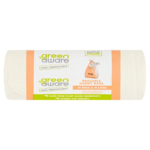 <b>Features</b><br/>100% Compostable<br/>Ideal for groceries & food waste bins<br/>Made from Plant-Based Ingredients<br/>Strong and Durable<br/><br/><b>Recycling Info</b><br/>Sleeve - Paper - Widely Recycled<br/><br/><b>Number of Units</b><br/>10<br/><br/><b>Safety Warning</b><br/>Warning: To avoid danger of suffocation keep these bags away from babies and children.<br/><br/><b>Storage Type</b><br/>Ambient<br/><br/><b>Company Name</b><br/>GreenAware<br/><br/><b>Company Address</b><br/>Platin Road,<br/>
Drogheda, <br/>
Co. Meath, <br/>
Ireland.<br/><br/><b>Return To</b><br/>GreenAware,<br/>
Platin Road,<br/>
Drogheda, <br/>
Co. Meath, <br/>
Ireland.<br/><br/>
