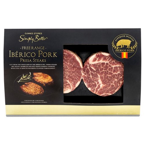 Free Range Fresh Ibérico Pork Shoulder Steaks<br/><br/><b>Features</b><br/>Certified by certifood<br/>Superior Spanish ibérico pork<br/><br/><b>Pack Size</b><br/>200g ℮<br/><br/><b>Recycling Info</b><br/>Film - Plastic - Not Currently Recycled<br/>Sleeve - Card - Widely Recycled<br/>Tray - Plastic - Not Currently Recycled<br/><br/><br/><b>Ingredients</b><br/>Spanish Ibérico Pork<br/><br/><b>Safety Warning</b><br/>CAUTION<br/>
This product is raw and must be cooked.<br/>
Whilst every effort has been made to remove all bones, some may remain.<br/>
FOOD SAFETY TIP: Wash all surfaces, utensils and hands after contact with raw meat. Keep all raw and cooked products separate.<br/><br/><b>Storage Type</b><br/>Chilled<br/><br/><b>Storage and Usage Statements</b><br/>Suitable for Home Freezing<br/>Keep Refrigerated<br/><br/><b>Storage</b><br/>Keep refrigerated 0°C to +4°C.<br/>
Consume within 24 hours of opening and by 'use by' date.<br/>
Suitable for home freezing.<br/>
If freezing, freeze on the day of purchase and consume within 1 month.<br/>
Defrost thoroughly in refrigerator before cooking and use within 24 hours.<br/>
Once thawed do not refreeze.<br/>
For 'use by' date, see front of pack.<br/><br/><b>Storage Conditions</b><br/>Min Temp °C 0<br/>Max Temp °C 4<br/><br/><b>Cooking Guidelines</b><br/>Shallow Fry - From Chilled - Cooking times will vary with appliances, the following are guidelines only. Remove all packaging and allow pork to come up to room temperature for 10 - 15 minutes before cooking.<br/>
Drizzle with a little olive oil and season with sea salt and cracked black pepper just before cooking.<br/>
Preheat a pan over a high heat.<br/>
Sear the pork on both sides, reduce the heat to medium and cook for time indicated, turning occasionally.<br/>
Ensure the steaks are piping hot throughout. Allow to rest for 5 minutes before serving. Do not reheat.<br/><br/>Country of Origin - Spain<br/>Packed In - Spain<br/><br/><b>Origin</b><br/>Produced and Packed in Spain<br/><br/><b>Company Name</b><br/>Dunnes Stores<br/><br/><b>Company Address</b><br/>46-50 South Great George's Street,<br/>
Dublin 2.<br/>
<br/>
Store 3,<br/>
Forestside S.C.,<br/>
Upr. Galwally Rd.,<br/>
Belfast,<br/>
N. Ireland,<br/>
BT8 6FX.<br/><br/><b>Return To</b><br/>Our Quality Guarantee<br/>
Dunnes Stores is a brand of quality and better value since 1944. If you try and are not entirely satisfied with this Dunnes Stores product, please return the item with the original packaging and receipt to the store and we will be happy to replace or refund it for you. This does not affect your statutory rights.<br/>
Dunnes Stores,<br/>
46-50 South Great George's Street,<br/>
Dublin 2.<br/>
<br/>
Dunnes Stores,<br/>
Store 3,<br/>
Forestside S.C.,<br/>
Upr. Galwally Rd.,<br/>
Belfast,<br/>
N. Ireland,<br/>
BT8 6FX.<br/>