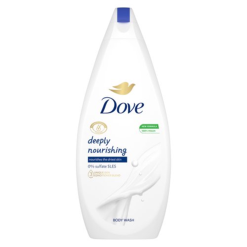 <b>Features</b><br/>Dove Deeply Nourishing Body Wash gives you softer, smoother skin after just one shower<br/>Made with ¼ moisturising cream, this nourishing body wash helps minimise skin dryness<br/>This moisturising body wash delivers skin-natural nutrients to make your skin feel cared for<br/>Discover the gentlest ever sulphate-SLES-​free body wash from Dove<br/>Dove Deeply Nourishing Body Wash is dermatologically tested and nourishes deep into the surface layers of your skin*<br/>Made with naturally derived gentle cleansers, this sulphate free body wash helps to refresh and soothe your skin and senses with its delicate, fresh scent<br/><br/><b>Pack Size</b><br/>720millilitre ℮<br/><br/><br/><b>Ingredients</b><br/>Aqua, Cocamidopropyl Betaine, Sodium Hydroxypropyl Starch Phosphate, Lauric Acid, Sodium Lauroyl Glycinate, Sodium Lauroyl Isethionate, Sodium Chloride, Glycerin, Hydrogenated Soybean Oil, Parfum, Helianthus Annuus Seed Oil, Sodium Benzoate, Sodium Hydroxide, Citric Acid, Stearic Acid, Guar Hydroxypropyltrimonium Chloride, Undecylenoyl Glycine, Capryloyl Glycine, Sodium Isethionate, Palmitic Acid, Tetrasodium EDTA, Caprylic Acid, Capric Acid, Hydroxystearic Acid, Benzyl Alcohol, Citronellol, Hexyl Cinnamal, Limonene, Linalool<br/><br/><b>Safety Warning</b><br/>As we are always looking to improve our products, our formulations change from time to time, so please always check the product packaging before usenot applicable<br/><br/><b>Storage Type</b><br/>Ambient<br/><br/>Country of Origin - Germany<br/><br/><b>Origin</b><br/>Germany<br/><br/><b>Company Name</b><br/>Unilever UK Ltd. / Unilever Ireland Ltd.<br/><br/><b>Company Address</b><br/>Unilever Dept ER,<br/>
Wirral CH63 3JW UK<br/><br/><b>Telephone Helpline</b><br/>UK: 0800 085 1548<br/>
ROI:  1850 404 060 (Callsave)<br/><br/><b>Web Address</b><br/>www.dove.com/uk<br/>
www.unilever.com<br/><br/>