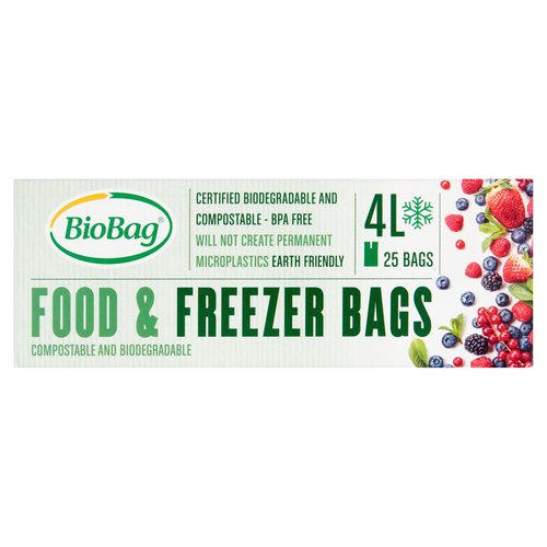 <b>Features</b><br/>Certified biodegradable and compostable - BPA free<br/>Microplastics earth friendly<br/><br/><b>Number of Units</b><br/>25<br/><br/><b>Safety Warning</b><br/>Keep away from children!<br/><br/><b>Storage Type</b><br/>Ambient<br/><br/><b>Storage and Usage Statements</b><br/>Cannot be Microwaved<br/><br/><b>Storage</b><br/>Store in a cool dry place out of direct sunlight.<br/><br/><b>Preparation and Usage</b><br/>Use: Suitable for all types of food. Allow hot food to cool before placing it in the bag. Do not boil or microwave the bags.<br/><br/><b>Origin</b><br/>Made in Europe<br/><br/><b>Web Address</b><br/>www.biobagworld.com<br/><br/><b>Return To</b><br/>www.biobagworld.com<br/><br/>