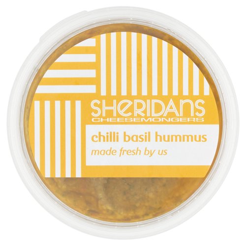 Chilli Basil Hummus<br/><br/><b>Features</b><br/>Made fresh by us<br/>Ready to eat<br/><br/><b>Pack Size</b><br/>140g ℮<br/><br/><br/><b>Ingredients</b><br/>Chickpeas<br/>Pasteurised Lemon Juice (Preservative: Potassium Metabi<span style='font-weight: bold;'>Sulphite</span>)<br/>Tahini (Roasted Pulped <span style='font-weight: bold;'>Sesame Seeds</span>)<br/>Olive Oil<br/>Cumin Seeds<br/>Basil Leaves<br/>Parmesan Cheese (<span style='font-weight: bold;'>Milk</span>)<br/>Toasted Pine Nuts<br/>Garlic Puree<br/>Herbs<br/>Salt<br/>Pepper<br/>Harissa Paste (Red Peppers 64%, Water, Sunflower Oil, Garlic 3%, Sugar, Extra Virgin Olive Oil 2%, Sea Salt, Herbs, Spices, Corn Starch, Red Wine Vinegar, Grape Must, <span style='font-weight: bold;'>Mustard</span> Powder, Acidity Regulators (Citric Acid, Lactic Acid)<br/>Antioxidant (Asorbic Acid)<br/><br/><b>Allergy Advice</b><br/>Allergens: See ingredients in <span style='font-weight: bold;'>Bold</span><br/><br/><br/><b>Storage Type</b><br/>Chilled<br/><br/><b>Storage and Usage Statements</b><br/>Keep Refrigerated<br/>Ready to Eat<br/><br/><b>Storage</b><br/>Keep refrigerated at 0°C. Consume within 3 days of opening and before the use by date.<br/><br/><b>Storage Conditions</b><br/>Min Temp °C 0<br/><br/><b>Company Name</b><br/>Sheridans Cheesemongers<br/><br/><b>Company Address</b><br/>Virginia Road Station,<br/>
Pottlereagh,<br/>
Kells,<br/>
Co. Meath.<br/><br/><b>Web Address</b><br/>Sheridans.ie<br/><br/><b>Return To</b><br/>Sheridans Cheesemongers,<br/>
Virginia Road Station,<br/>
Pottlereagh,<br/>
Kells,<br/>
Co. Meath.<br/>
Sheridans.ie<br/>