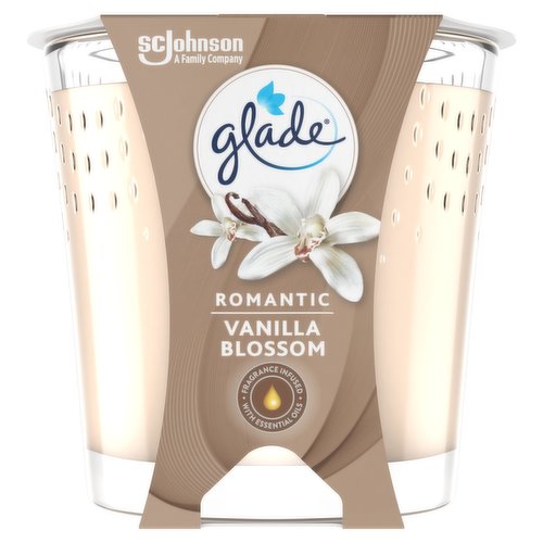 <b>Features</b><br/>This home fragrance is crafted with notes of vanilla blossom, white orchid and sandalwood to inspire the feeling of sweet daydreaming<br/>Glade Romantic Vanilla Blossom Jar Candle fragrance fills your room with long-lasting scent<br/>Scented candles infused with essential oils<br/>Harmony; We have a fragrance for that<br/><br/><b>Pack Size</b><br/>129Grams ℮<br/><br/><b>Safety Warning</b><br/>Harmful to aquatic life with long lasting effects. Keep out of reach of children. Dispose of contents/containers in accordance with local regulations. Contains: 1-(1,2,3,4,5,6,7,8 octahydro-2,3,8,8-tetramethyl-2-naphthyl)ethan-1-one; 2-(4-tert-butylbenzyl) propionaldehyde. May produce an allergic reaction. Failure to follow instructions could result in fire hazard or personal injury. Burn on heat resistant surfaces. People suffering form perfume sensitivity should be cautions when using this product. Air fresheners do not replace good hygiene practices.<br/><br/><b>Storage Type</b><br/>Ambient<br/><br/><b>Preparation and Usage</b><br/>Do not use if glass is chipped or cracked. Trim wick to 1/4 inch before each lighting. Keep candle free of matches and all material. Do not burn on cold, wet or unstable surface. Burn away from drafts. Never touch or move while lit, or until wax hardens. Never burn more than four hours. Stop use when 1/4 inch of wax remains. Do not extinguish with water. Do not reuse. Discard glass jar after use. Lead-free wick.<br/><br/>Country of Origin - Poland<br/><br/><b>Company Name</b><br/>SC Johnson Ltd<br/><br/><b>Company Address</b><br/>Camberley, <br/>
GU16 7AJ.<br/><br/><b>Telephone Helpline</b><br/>0800 353 353<br/>
ROI 1800 409 176<br/><br/><b>Web Address</b><br/>www.scjohnson.co.uk <br/>
www.scjohnson.com<br/><br/><b>Return To</b><br/>SC Johnson Ltd., <br/>
Camberley, <br/>
GU16 7AJ. <br/>
0800 353 353 (ROI 1800 409 176) <br/>
www.scjohnson.co.uk <br/>
ask.uk@scj.com <br/>
www.scjohnson.com <br/>
www.scjproducts.info<br/><br/>