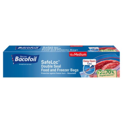 <b>Further Description</b><br/>For information, other useful cooking tips and recipes, visit<br/>
www.bacofoil.co.uk<br/><br/><b>Features</b><br/>Provides protection against freezer burn<br/>Resealable Double Seal Closure - closes easily and securely with a seal you can hear<br/>Easy open tabs<br/>Easy to fill thanks to flexible stand alone base<br/>Extra thick tear proof film<br/>Can be washed and reused time and time again<br/>Versatile; great for every household<br/>Perfect for individual portioning of food<br/>Made from 70% Recycled Resources<br/>Strength you can trust<br/><br/><b>Number of Units</b><br/>15<br/><br/><b>Safety Warning</b><br/>To avoid danger of suffocation keep these bags away from children. Not suitable for use in a microwave, combination or conventional oven.<br/><br/><b>Storage Type</b><br/>Ambient<br/><br/><b>Preparation and Usage</b><br/>Once the bag is filled, pinch close one corner and run your fingers along the seal leaving a 2cm gap at the end.<br/>
Make sure all air is removed from the bag and close the bag completely.<br/>
To open the SafeLoc® seal, hold the edges of the bag opening in the middle and simply pull!<br/><br/><b>Company Name</b><br/>Melitta UK Ltd.<br/><br/><b>Company Address</b><br/>Hortonwood 45,<br/>
Telford,<br/>
Shropshire,<br/>
UK,<br/>
TF1 7FA.<br/><br/><b>Telephone Helpline</b><br/>+44 (0)1952 678810<br/><br/><b>Return To</b><br/>Any problems?<br/>
Feel free to contact us at:<br/>
Bacofoil Consumer Service<br/>
Melitta UK Ltd.,<br/>
Hortonwood 45,<br/>
Telford,<br/>
Shropshire,<br/>
UK,<br/>
TF1 7FA.<br/>
Tel: +44 (0)1952 678810<br/><br/>
