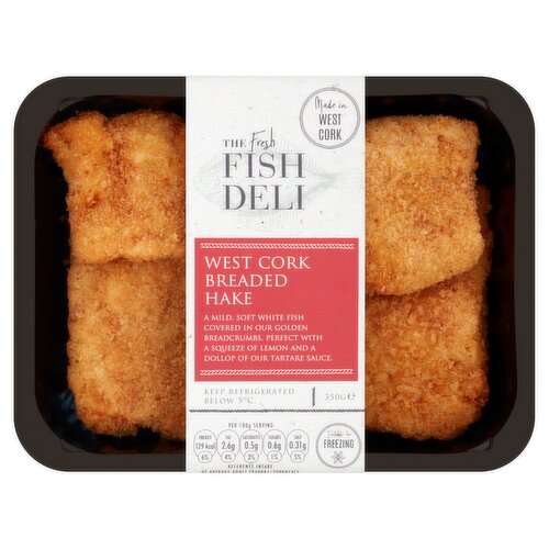 A Mild, Soft White Fish Covered in Our Golden Breadcrumbs.<br/><br/><b>Features</b><br/>Made with the finest seafood in West Cork<br/><br/><b>Pack Size</b><br/>350G ℮<br/><br/><br/><b>Ingredients</b><br/>Hake (78.1%) (<span style='font-weight: bold;'>Fish</span>)<br/>Breadcrumbs (8.9%) (<span style='font-weight: bold;'>Wheat</span>)<br/><span style='font-weight: bold;'>Eggs</span> (6.2%)<br/>Flour (4.5%) (<span style='font-weight: bold;'>Wheat</span>)<br/><span style='font-weight: bold;'>Milk</span> (2.3%)<br/><br/><b>Allergy Text</b><br/>Produced in plant that also produces Crustaceans and Molluscs products.<br/><br/><br/><b>Safety Warning</b><br/>WHILE EVERY EFFORT IS MADE TO REMOVE ALL BONES, SOME MAY REMAIN.<br/><br/><b>Storage Type</b><br/>Chilled<br/><br/><b>Storage and Usage Statements</b><br/>Suitable for Home Freezing<br/>Keep Refrigerated<br/><br/><b>Storage</b><br/>Keep refrigerated below 5°C. Once open, keep refrigerated and use within 24 hours.<br/>
Suitable for freezing<br/><br/><b>Storage Conditions</b><br/>Max Temp °C 5<br/><br/><b>Cooking Guidelines</b><br/>Oven cook - From Frozen - Defrost overnight in fridge & cook as per above cooking instructions<br/>Oven cook - From Chilled - Preheat oven to 180°C. Remove all packaging, put on baking tray & place in middle shelf. Cook for 20/25 min, until piping hot.<br/><br/><b>Preparation and Usage</b><br/>Perfect with a squeeze of lemon and a dollop of our tartare sauce.<br/><br/><b>Origin</b><br/>Made in West Cork<br/><br/><b>Company Address</b><br/>Unit 6 / 7 Carbery Enterprise Park,<br/>
Skibbereen,<br/>
West Cork,<br/>
Ireland.<br/><br/><b>Telephone Helpline</b><br/>023-8869612<br/><br/><b>Web Address</b><br/>thefreshfishdeli.com<br/><br/><b>Return To</b><br/>Say Hi<br/>
Unit 6 / 7 Carbery Enterprise Park,<br/>
Skibbereen,<br/>
West Cork,<br/>
Ireland.<br/>
023-8869612<br/>
info@freshfishdeli.net<br/>
thefreshfishdeli.com<br/>
