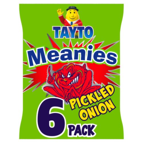 Pickled Onion Flavour Maize Snacks<br/><br/><b>Features</b><br/>The original Irish snack!<br/>Suitable for Vegetarians<br/><br/><b>Lifestyle</b><br/>Suitable for Vegetarians<br/><br/><b>Pack Size</b><br/>17g ℮<br/><br/><b>Usage Other Text</b><br/>17g pack = 1 serving<br/><br/><b>Usage Count</b><br/>Number of uses - Servings - 1<br/><br/><br/><b>Ingredients</b><br/>Maize<br/>Sunflower Oil<br/>Pickled Onion Flavour (Wheat Flour (<span style='font-weight: bold;'>WHEAT</span> Flour, Calcium Carbonate, Iron, Niacin, Thiamin), Salt, Flavourings, Lactose (<span style='font-weight: bold;'>MILK</span>), Dried Onion, Potassium Chloride, Acid (Citric Acid), Flavour Enhancer (E621), Dried Garlic, Dried Yeast (<span style='font-weight: bold;'>BARLEY</span>), Carob Powder)<br/>Wheat Flour (<span style='font-weight: bold;'>WHEAT</span> Flour, Calcium Carbonate, Iron, Niacin, Thiamin)<br/>Salt<br/>Dried Autolysed Yeast<br/>Raising Agent (Ammonium Bicarbonate)<br/>Yeast<br/>Dextrose<br/><br/><b>Allergy Advice</b><br/>For allergens, see ingredients in bold<br/><br/><br/><b>Allergy Text</b><br/>May contain Soya<br/><br/><br/><b>Number of Units</b><br/>6<br/><br/><b>Storage Type</b><br/>Ambient<br/><br/><b>Storage</b><br/>To keep your Meanies in perfect condition, you should store them in a cool dry place away from bright lights and strong flavours.<br/><br/><b>Company Name</b><br/>Tayto Snacks<br/><br/><b>Company Address</b><br/>Kilbrew,<br/>
Ashbourne,<br/>
Co. Meath.<br/><br/><b>Telephone Helpline</b><br/>+353 1 8350611<br/><br/><b>Web Address</b><br/>www.taytocrisps.ie<br/><br/><b>Return To</b><br/>Tayto Snacks,<br/>
Kilbrew,<br/>
Ashbourne,<br/>
Co. Meath.<br/>
Tel. +353 1 8350611<br/>
www.taytocrisps.ie<br/>