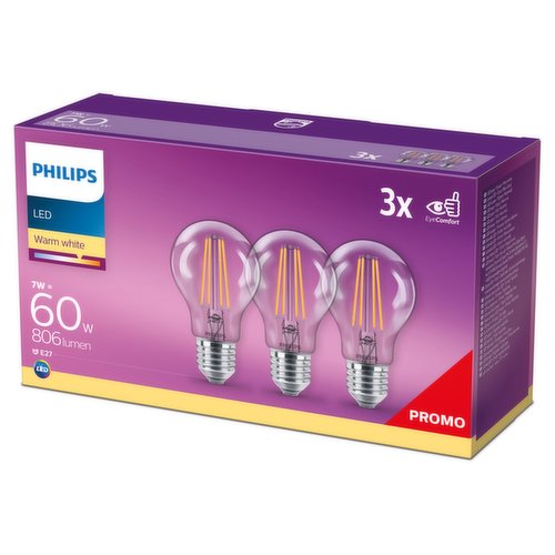 Philips LED Clear Light Bulb, E27 Edison Screw, 7W (60 Equivalent), Non-Dimmable, Warm White, 3 Pack