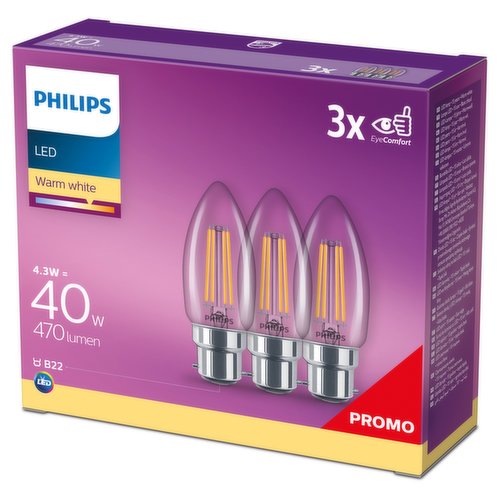 Philips LED Clear B22 Bayonet Cap 4.3W (40 Equivalent) Non-Dimmable Warm White 3 Pack