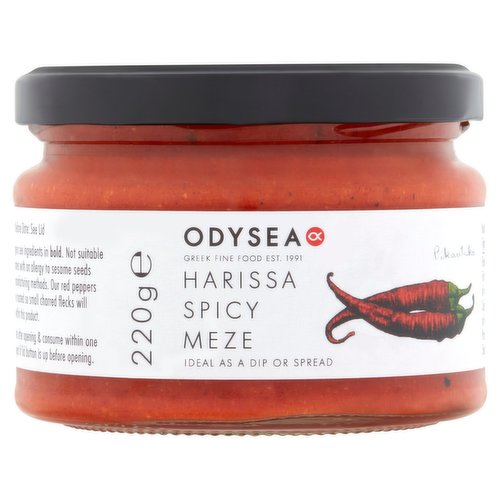Spicy Red Pepper Dip<br/><br/><b>Features</b><br/>Ideal as a dip or spread<br/>Suitable for vegetarians<br/><br/><b>Lifestyle</b><br/>Suitable for Vegetarians<br/><br/><b>Pack Size</b><br/>220g ℮<br/><br/><br/><b>Ingredients</b><br/>Red Chilli Peppers (24%)<br/>Roasted Red Peppers (20%)<br/>Pickled Red Peppers (20%)<br/>Water<br/>Sunflower Oil<br/>Dried Garlic<br/>Sugar<br/>Extra Virgin Olive Oil<br/>Sea Salt<br/>Corn Starch<br/>Hot Red Pepper Powder<br/><span style='font-weight: bold;'>Mustard</span> Powder<br/>Spices<br/>Acidity Regulators (Citric Acid, Lactic Acid)<br/>Wine Vinegar<br/>Antioxidant (Ascorbic Acid)<br/><br/><b>Allergy Advice</b><br/>For allergens see ingredients in <span style='font-weight: bold;'>bold</span>.<br/><br/><br/><b>Allergy Text</b><br/>Not suitable for customers with an allergy to Sesame Seeds due to manufacturing methods.<br/><br/><br/><b>Safety Warning</b><br/>Reject if lid button is up before opening.<br/><br/><b>Storage Type</b><br/>Ambient<br/><br/><b>Storage</b><br/>For Best Before Date: See Lid<br/>
Refrigerate after opening & consume within one week.<br/><br/>Country of Origin - Greece<br/><br/><b>Origin</b><br/>Produced in Greece<br/><br/><b>Company Name</b><br/>Odysea Ltd.<br/><br/><b>Company Address</b><br/>2 Dorma Trading Park,<br/>
London,<br/>
E10 7QX.<br/><br/><b>Web Address</b><br/>www.odysea.com<br/><br/><b>Return To</b><br/>Odysea Ltd.,<br/>
2 Dorma Trading Park,<br/>
London,<br/>
E10 7QX.<br/>
www.odysea.com<br/>