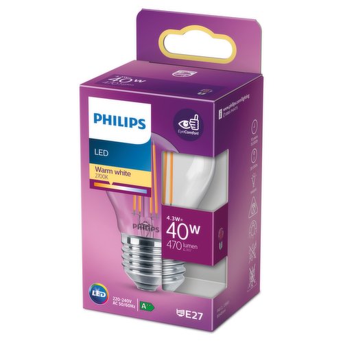 Philips LED Clear E27 Edison Screw 4.3W (40 Equivalent) Non-Dimmable Warm White Single Pack