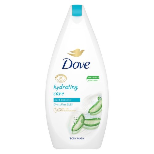 <b>Features</b><br/>Dove Hydrating care Body Wash, invigorates and moisturises skin in just one shower<br/>Body wash infused with aloe and birch water scent<br/>Moisturising body wash with 3 Unique Skin Conditioners that doesn’t strip moisture from the skin but instead replenishes it from within<br/>Sulfate SLES free body wash with a 92% biodegradable formula*<br/>Refreshing, moisturising body wash in a bottle made from 100% recycled plastic (excluding cap and label)<br/>Body wash that is Dermatologically tested and is PETA Vegan Certified<br/><br/><b>Pack Size</b><br/>450millilitre ℮<br/><br/><br/><b>Ingredients</b><br/>Aqua, Sodium Lauroyl Glycinate, Cocamidopropyl Betaine, Sodium Lauroyl Isethionate, Sodium Chloride, Lauric Acid, Glycerin, Parfum, Carbomer, Sodium Hydroxide, PEG-150 Pentaerythrityl Tetrastearate, DMDM Hydantoin, Stearic Acid, Sodium Benzoate, PPG-2 Hydroxyethyl Cocamide, Palmitic Acid, Sodium Isethionate, Tetrasodium EDTA, Butylene Glycol, Capric Acid, Iodopropynyl Butylcarbamate, Propylene Glycol, Betula Alba Leaf Extract, Aloe Barbadensis Leaf Juice Powder, Citric Acid, Geraniol, Limonene, Linalool, CI 42090<br/><br/><b>Safety Warning</b><br/>not applicable<br/><br/><b>Storage Type</b><br/>Ambient<br/><br/>Country of Origin - Germany<br/><br/><b>Origin</b><br/>Germany<br/><br/><b>Company Name</b><br/>Unilever UK Ltd. / Unilever Ireland Ltd.<br/><br/><b>Company Address</b><br/>Unilever Dept ER,<br/>
Wirral CH63 3JW UK<br/><br/><b>Telephone Helpline</b><br/>UK: 0800 085 1548<br/>
ROI:  1850 404 060 (Callsave)<br/><br/><b>Web Address</b><br/>www.dove.com/uk<br/>
www.unilever.com<br/><br/>