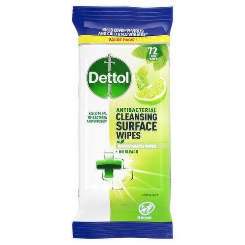 Dettol Antibacterial Surface Cleansing Wipes, Lime & Mint, 72 Large Wipes