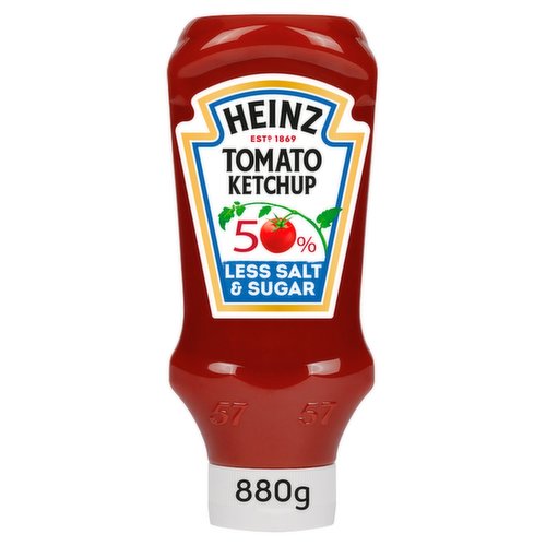 Tomato Ketchup with Sugar and Sweetener<br/><br/><b>Features</b><br/>Sweetener from Natural Source<br/>No Thickeners<br/>Gluten Free<br/>No Artificial Colours, Flavours or Preservatives<br/>Suitable for Vegetarians<br/>Suitable for Vegans<br/>Kosher<br/><br/><b>Lifestyle</b><br/>Gluten free<br/>Kosher<br/>Suitable for Vegans<br/>Suitable for Vegetarians<br/><br/><b>Pack Size</b><br/>880g ℮<br/><br/><b>Usage Other Text</b><br/>Servings per bottle - 58<br/><br/><b>Usage Count</b><br/>Number of uses - Servings - 58<br/><br/><b>Recycling Info</b><br/>Bottle - Recycle<br/>Cap - Don't Recycle<br/><br/><br/><b>Ingredients</b><br/>Tomatoes (174g per 100g Tomato Ketchup)<br/>Spirit Vinegar<br/>Sugar<br/>Salt<br/>Spice and Herb Extracts (contain <span style='font-weight: bold;'>Celery</span>)<br/>Sweetener (Steviol Glycosides)<br/>Spice<br/><br/><b>Storage Type</b><br/>Ambient<br/><br/><b>Storage</b><br/>After opening refrigerate. Best before: see cap.<br/><br/><b>Preparation and Usage</b><br/>Shake well before use.<br/><br/><b>Company Name</b><br/>H.J. Heinz Foods UK Ltd. / Heinz Company (Ireland) Ltd.<br/><br/><b>Company Address</b><br/>UK: H.J. Heinz Foods UK Ltd.,<br/>
London,<br/>
SE1 9SG.<br/>
<br/>
IE: Heinz Company (Ireland) Ltd.,<br/>
Avoca Court,<br/>
Blackrock,<br/>
Co. Dublin.<br/><br/><b>Telephone Helpline</b><br/>UK 0800 5285757<br/>ROI 1800 995311<br/><br/><b>Web Address</b><br/>heinz.co.uk<br/><br/><b>Return To</b><br/>UK: H.J. Heinz Foods UK Ltd.,<br/>
London,<br/>
SE1 9SG.<br/>
<br/>
IE: Heinz Company (Ireland) Ltd.,<br/>
Avoca Court,<br/>
Blackrock,<br/>
Co. Dublin.<br/>
UK Careline 0800 5285757<br/>
(ROI 1800 995311) or visit heinz.co.uk<br/>