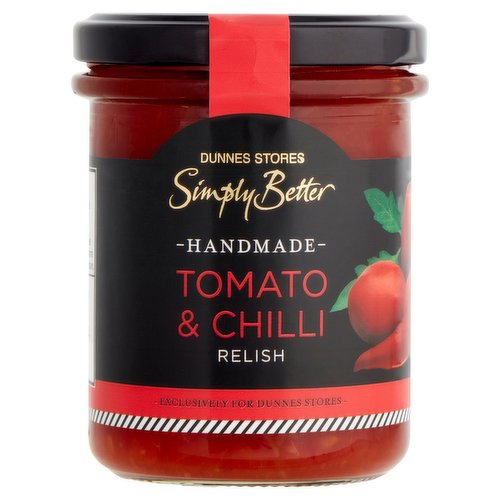 Relish made with Irish plum tomato and Irish chilli<br/><br/><b>Pack Size</b><br/>210g ℮<br/><br/><br/><b>Ingredients</b><br/>Irish Plum Tomatoes (38%)<br/>Sugar<br/>Red Wine Vinegar<br/>Apple<br/>Onion<br/>Tomato Paste (7%)<br/>Ginger Purée<br/>Irish Chilli Purée<br/>Irish Garlic Purée<br/>Chilli Flakes<br/>Gelling Agent: Pectin<br/>Salt<br/>Black Pepper<br/><br/><b>Safety Warning</b><br/>CAUTION<br/>
Whilst every effort has been made to remove all stalks and stones from fruit & vegetables, some may remain.<br/><br/><b>Storage Type</b><br/>Ambient<br/><br/><b>Storage</b><br/>- Store in a cool dry place.<br/>
- Once opened, keep refrigerated and consume within 21 days.<br/><br/><b>Origin</b><br/>Packed in Co. Wexford<br/><br/><b>Company Name</b><br/>Dunnes Stores<br/><br/><b>Company Address</b><br/>46-50 South Great George's Street,<br/>
Dublin 2.<br/>
<br/>
Store 3,<br/>
Forestside S.C.,<br/>
Upr. Galwally Rd.,<br/>
Belfast,<br/>
BT8 6FX.<br/><br/><b>Durability after Opening</b><br/>Consume Within - Days - 21<br/><br/><b>Return To</b><br/>Dunnes Stores,<br/>
46-50 South Great George's Street,<br/>
Dublin 2.<br/>
<br/>
Dunnes Stores,<br/>
Store 3,<br/>
Forestside S.C.,<br/>
Upr. Galwally Rd.,<br/>
Belfast,<br/>
BT8 6FX.<br/>