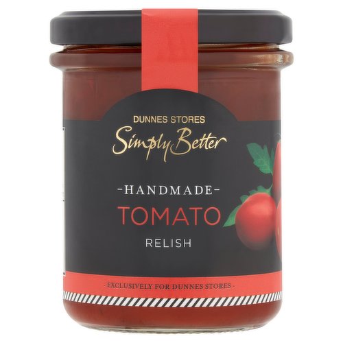 Relish made with Irish plum tomatoes<br/><br/><b>Pack Size</b><br/>210g ℮<br/><br/><br/><b>Ingredients</b><br/>Irish Plum Tomatoes (27%)<br/>Sugar<br/>Apple Cider Vinegar<br/>Onions<br/>Apple<br/>Tomato Paste (7%)<br/>Sultanas [Sultanas, Sunflower Oil]<br/>Ginger Purée<br/>All Spice<br/>Gelling Agent: Pectin<br/>Salt<br/>Nutmeg<br/>Black Pepper<br/>Cayenne Pepper<br/><br/><b>Safety Warning</b><br/>CAUTION<br/>
Whilst every effort has been made to remove all stalks and stones from fruit & vegetables, some may remain.<br/><br/><b>Storage Type</b><br/>Ambient<br/><br/><b>Storage</b><br/>- Store in a cool dry place.<br/>
- Once opened, keep refrigerated and consume within 21 days.<br/><br/><b>Origin</b><br/>Packed in Co. Wexford<br/><br/><b>Company Name</b><br/>Dunnes Stores<br/><br/><b>Company Address</b><br/>46-50 South Great George's Street,<br/>
Dublin 2.<br/>
<br/>
Store 3,<br/>
Forestside S.C.,<br/>
Upr. Galwally Rd.,<br/>
Belfast,<br/>
BT8 6FX.<br/><br/><b>Durability after Opening</b><br/>Consume Within - Days - 21<br/><br/><b>Return To</b><br/>Dunnes Stores,<br/>
46-50 South Great George's Street,<br/>
Dublin 2.<br/>
<br/>
Dunnes Stores,<br/>
Store 3,<br/>
Forestside S.C.,<br/>
Upr. Galwally Rd.,<br/>
Belfast,<br/>
BT8 6FX.<br/>