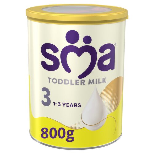 Fortified milk drink for young children from 1 year onwards.<br/><br/><b>Features</b><br/>Science Inspired by Nature<br/>Leading baby nutrition research for over 100 years<br/>Nutritionally Tailored for Young Children<br/>Stage 3 12 Months to 3 Years<br/>Blend of ingredients tailored to support young children's growth<br/>Enriched with Vitamin D and calcium to support normal growth and development<br/>Suitable for vegetarians<br/>Halal certified<br/><br/><b>Lifestyle</b><br/>Halal<br/>Suitable for Vegetarians<br/><br/><b>Pack Size</b><br/>800g ℮<br/><br/><b>Recycling Info</b><br/>Foil - Recycle<br/>Lid - Recycle<br/><br/><br/><b>Ingredients</b><br/>Lactose (<span style='font-weight: bold;'>Milk</span>)<br/>Maltodextrin<br/>Whole <span style='font-weight: bold;'>Milk</span><br/>Vegetable Oils (Rapeseed, Sunflower)<br/>Whey Permeate (<span style='font-weight: bold;'>Milk</span>)<br/>Skimmed <span style='font-weight: bold;'>Milk</span><br/>Calcium Carbonate<br/>Emulsifier (<span style='font-weight: bold;'>Soya</span> Lecithin)<br/>Acidity Regulator (Potassium Phosphate)<br/>2'-Fucosyllactose (2'FL)<br/>Vitamin C<br/>Ferrous Sulphate<br/>Zinc Sulphate<br/>Antioxidants (Tocopherol-Rich Extract, Ascorbyl Palmitate)<br/>Riboflavin<br/>Vitamin A<br/>Potassium Iodide<br/>Vitamin D<br/>Vitamin B12<br/><br/><b>Lower Age Limit</b><br/>Advisory - Years - 1<br/><br/><b>Safety Warning</b><br/>IMPORTANT NOTICE<br/>
SMAR® PRO Growing up Milk is suitable for young children from 1-3 years, as part of a healthy balanced diet and it is not a breast milk substitute. Breastfeeding should continue for as long as possible. Do not allow prolonged or frequent contact of milk with your toddler's teeth, as this increases the risk of tooth decay. Ask your healthcare professional or dentist for advice. Never leave your toddler alone during feeding as there is a risk they might choke.<br/><br/><b>Storage Type</b><br/>Ambient<br/><br/><b>Storage</b><br/>Store in a cool, dry place.<br/>
For best before, see base of can.<br/>
Use within 4 weeks of opening.<br/><br/><b>Preparation and Usage</b><br/>Important Feeding Information<br/>
Do not add extra powder or water to make the drinks stronger or weaker and do not press powder into scoop. Using too much or too little powder can make your toddler ill.<br/>
We recommend preparing each milk drink in individual beakers when required.<br/>
For hygienic reasons, discard unfinished feed in the beaker as soon as possible.<br/>
Made-up milk drink can be poured over cereals and mixed with food.<br/>
Do not alter or add to milk drink unless medically directed.<br/>
Do not warm feeds in a microwave, hot spots may occur and cause scalding.<br/>
<br/>
Feeding Guide from 12 Months to 3 Years<br/>
1 Serving = 200 ml: 1 beaker, Amount of Cooled Freshly Boiled Water: 180ml, 6 fl. oz (approx.), Number of Scoops of Powder: 6<br/>
<br/>
6 scoops of powder added to 180ml (6 fl. oz. approx.) water makes 200ml (7 fl. oz. approx.) milk drink. All toddlers have different nutritional needs, but after 12 months we recommend your child has around 400ml of milk per day. You can feed your child up to 3 servings per day depending on their individual nutritional needs. Mix 1 scoop of powder to 30ml (approx. 1 fl. oz.) of water.<br/>
Approx. 173 scoops per can. 1 scoop = 4.6g.<br/>
Approx. 28 x 200ml servings per can.<br/>
<br/>
How to Open and Prepare Your Toddler's Drink<br/>
Whilst this product is made under strict hygienic conditions, it is not sterile. Failure to follow instructions on preparation, and storage may make your toddler ill.<br/>
1 Pull the safety seal and open the lid. Lift the tab, pull on the foil seal, carefully and safely remove the seal and dispose of it.<br/>
2 Wash hands well.<br/>
3 Measure 180 ml (approx. 6 fl. oz.) of cooled boiled water into a clean beaker.<br/>
4 Using only the scoop provided, add 6 scoops of powder, levelling off each scoop with the back of a clean dry knife. Store the scoop across the inner rim of the can and replace the lid.<br/>
5 Place a lid on the beaker and shake well until powder is fully dissolved. Cool beaker under cold running water or in a bowl or jug of cold water until lukewarm, do not immerse the lid. Test temperature by shaking a few drops onto the inside of your wrist.<br/><br/><b>Origin</b><br/>Produced in Europe<br/><br/><b>Company Name</b><br/>SMA® Nutrition<br/><br/><b>Company Address</b><br/>1 City Place,<br/>
Gatwick,<br/>
RH6 0PA.<br/>
<br/>
In Republic of Ireland:<br/>
3030 Lake Drive,<br/>
Citywest Business Campus,<br/>
Dublin 24.<br/><br/><b>Durability after Opening</b><br/>Consume Within - Weeks - 4<br/><br/><b>Telephone Helpline</b><br/>UK 0800 081 81 80<br/>ROI 1800 931 832<br/><br/><b>Web Address</b><br/>www.smababy.co.uk<br/>www.smababy.ie<br/><br/><b>Return To</b><br/>Guarantee<br/>
This product should reach you in perfect condition. If it does not, please call us and we will be happy to investigate this for you. We will need<br/>
some details, so please do not dispose of the pack or its contents. This guarantee does not affect your statutory rights.<br/>
Let's Talk<br/>
Here to support you with your parenting and feeding queries<br/>
SMA® Nutrition,<br/>
1 City Place,<br/>
Gatwick,<br/>
RH6 0PA.<br/>
UK 0800 081 81 80<br/>
www.smababy.co.uk<br/>
<br/>
In Republic of Ireland:<br/>
3030 Lake Drive,<br/>
Citywest Business Campus,<br/>
Dublin 24.<br/>
ROI 1800 931 832<br/>
www.smababy.ie<br/>