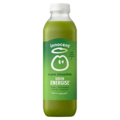 This innocent Super Smoothie is a Blend of Crushed Fruit, Vegetables, Pure Juices, Milled Seeds, Botanicals and Vitamins.<br/><br/><b>Further Description</b><br/>Certified B Corporation - Being a B Corp means we believe in using business as a force for good. For more information head to www.innocentdrinks.co.uk/a-bit-about-us/bcorp<br/><br/><b>Nutritional Claims</b><br/>No Added Sugar<br/>A Source of Fibre<br/><br/><b>Features</b><br/>Kiwi, Cucumber, Apple, Matcha & Flax Seeds with Vitamins<br/>No Added Sugar Whatsoever - contains naturally occurring sugars from fruit and veg<br/><br/><b>Lifestyle</b><br/>No Added Sugar<br/>Suitable for Vegans<br/><br/><b>Pack Size</b><br/>750ml ℮<br/><br/><b>Usage Other Text</b><br/>Each bottle contains 5 servings. 150ml = 1 serving<br/><br/><b>Usage Count</b><br/>Number of uses - Servings - 5<br/><br/><br/><b>Ingredients</b><br/>4 Pressed Apples (62%)<br/>21 Pressed White Grapes<br/>1 Mashed Banana<br/>1/2 Crushed Mango<br/>1/2 Crushed Kiwi (7%)<br/>A Piece of Crushed Cucumber (1.5%)<br/>Some Milled Flax Seeds (0.6%)<br/>A Dash of Spirulina Extract<br/>A Squeeze of Lime (0.1%)<br/>A Dash of Safflower Extract<br/>A Dash of Matcha Infusion (0.05%)<br/>Some Vitamins (B1, B2, B3, B6, C & E)<br/><br/><b>Storage Type</b><br/>Chilled<br/><br/><b>Storage and Usage Statements</b><br/>Keep Refrigerated<br/><br/><b>Storage</b><br/>Keep refrigerated 0-8°C before and after opening<br/>
For best before date, see neck<br/>
Drink within 2 days of opening<br/><br/><b>Storage Conditions</b><br/>Min Temp °C 0<br/>Max Temp °C 8<br/><br/><b>Preparation and Usage</b><br/>Looking after your super smoothie<br/>
Shake it up<br/><br/><b>Company Name</b><br/>Fruit Towers<br/><br/><b>Company Address</b><br/>342 Ladbroke Grove,<br/>
London,<br/>
W10 5BU.<br/><br/><b>Telephone Helpline</b><br/>020 7993 3311 (UK)<br/><br/><b>Web Address</b><br/>www.innocentdrinks.co.uk<br/><br/><b>Return To</b><br/>Fruit Towers,<br/>
342 Ladbroke Grove,<br/>
London,<br/>
W10 5BU.<br/>