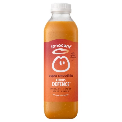 This Innocent Super Smoothie is a Blend of Crushed Fruit, Vegetables, Pure Juices, Milled Seeds, Botanicals and Vitamins.<br/><br/><b>Further Description</b><br/>Enjoy as part of a healthy lifestyle and balanced diet<br/>
PS Eat your greens<br/>
<br/>
The innocent promise<br/>
Tastes good, does good<br/>
Tasty, healthy products<br/>
Sourced sustainably<br/>
10% of profits to charity see innocentdrinks.com/promise<br/><br/><b>Nutritional Claims</b><br/>No added sugar<br/>High in vitamins C and B1<br/><br/><b>Features</b><br/>Mandarin, carrot, apple, ginger & flax seeds with vitamins<br/>Helps your defences<br/>1 of your 5 a day<br/>Pasteurised<br/>No added sugar whatsoever - contains naturally occurring sugars from fruit and vegetables<br/>Suitable for vegans<br/><br/><b>Lifestyle</b><br/>No Added Sugar<br/>Suitable for Vegans<br/><br/><b>Pack Size</b><br/>750ml ℮<br/><br/><b>Usage Other Text</b><br/>This bottle contains 5 servings. 150ml = 1 serving<br/><br/><b>Usage Count</b><br/>Number of uses - Servings - 5<br/><br/><br/><b>Ingredients</b><br/>4 1/2 Pressed Apples (69%)<br/>3 1/2 Squeezed Mandarins (15%)<br/>1/2 a Mashed Banana<br/>1/3 of a Pressed Carrot (4.5%)<br/>A Splash of Crushed Peach<br/>A Squeeze of Lemon<br/>A Dash of Ginger Infusion (0.37%)<br/>A Dash of Safflower Extract<br/>Some Milled Flax Seeds (0.07%)<br/>Vitamins (B1, B2, B3, B6, C and E)<br/><br/><b>Storage Type</b><br/>Chilled<br/><br/><b>Storage and Usage Statements</b><br/>Keep Refrigerated<br/><br/><b>Storage</b><br/>Keep refrigerated 0-8°C before and after opening<br/>
For best before date, see neck<br/>
Drink within 4 days of opening<br/><br/><b>Storage Conditions</b><br/>Min Temp °C 0<br/>Max Temp °C 8<br/><br/><b>Preparation and Usage</b><br/>Looking after your super smoothie<br/>
Shake it up<br/><br/><b>Company Name</b><br/>Fruit Towers<br/><br/><b>Company Address</b><br/>342 Ladbroke Grove,<br/>
London,<br/>
W10 5BU.<br/>
<br/>
Or:<br/>
2 Ballsbridge Park,<br/>
Dublin 4.<br/><br/><b>Telephone Helpline</b><br/>(UK) 020 7993 3311<br/>01 664 4100 (ROI)<br/><br/><b>Return To</b><br/>Fancy a chat?<br/>
Pop by:<br/>
Fruit Towers,<br/>
342 Ladbroke Grove,<br/>
London,<br/>
W10 5BU.<br/>
<br/>
Or:<br/>
2 Ballsbridge Park,<br/>
Dublin 4.<br/>
Call the banana phone: 020 7993 3311 (UK) or 01 664 4100 (ROI).<br/>
Say hi: hello@innocentdrinks.com<br/>