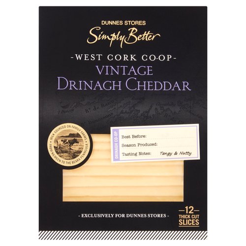 Sliced Vintage Irish White Cheddar Cheese<br/><br/><b>Features</b><br/>Milk Sourced on Family Farms from Kilmeen to the Beara Peninsula<br/>Tasting notes: tangy & nutty<br/>12 Thick Cut Slices<br/>Free from Artificial Colours and Flavours<br/>Suitable for Vegetarians<br/><br/><b>Lifestyle</b><br/>Suitable for Vegetarians<br/><br/><b>Pack Size</b><br/>180g ℮<br/><br/><b>Usage Other Text</b><br/>Number of Servings Per Pack: 12<br/><br/><b>Usage Count</b><br/>Number of uses - Servings - 12<br/><br/><br/><b>Ingredients</b><br/>Pasteurised Irish Cow's <span style='font-weight: bold;'>MILK</span><br/>Salt<br/>Starter Culture<br/>Vegetarian Rennet<br/><br/><b>Allergy Advice</b><br/>For allergens, see ingredients in bold.<br/><br/><br/><b>Storage Type</b><br/>Chilled<br/><br/><b>Storage and Usage Statements</b><br/>Keep Refrigerated<br/><br/><b>Storage</b><br/>Keep refrigerated at 0°C to +4°C.<br/>
- Once opened, consume within 7 days and by 'Best Before' date.<br/>
- For 'Best Before' date, see front of pack.<br/>
- Reseal for freshness.<br/><br/><b>Storage Conditions</b><br/>Min Temp °C 0<br/>Max Temp °C 4<br/><br/><b>Origin</b><br/>Packed in Co. Cork<br/><br/><b>Company Name</b><br/>Dunnes Stores<br/><br/><b>Company Address</b><br/>Dunnes Stores,<br/>
46-50 South Great George's Street,<br/>
Dublin 2.<br/>
<br/>
Dunnes Stores,<br/>
Store 3,<br/>
Forestside S.C.,<br/>
Upr. Galwally Rd.,<br/>
Belfast,<br/>
BT8 6FX.<br/><br/><b>Return To</b><br/>Dunnes Stores,<br/>
46-50 South Great George's Street,<br/>
Dublin 2.<br/>
<br/>
Dunnes Stores,<br/>
Store 3,<br/>
Forestside S.C.,<br/>
Upr. Galwally Rd.,<br/>
Belfast,<br/>
BT8 6FX.<br/>