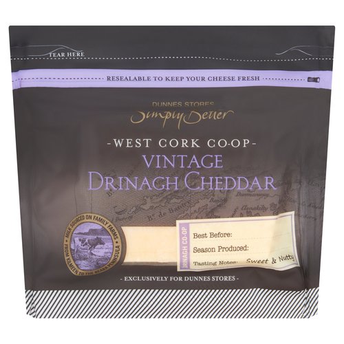 Vintage Irish White Cheddar Cheese<br/><br/><b>Features</b><br/>Resealable to Keep your Cheese Fresh<br/>Milk Sourced on Family Farms from Kilmeen to the Beara Peninsula<br/>Free from Artificial Colours and Flavours<br/>Suitable for Vegetarians<br/><br/><b>Lifestyle</b><br/>Suitable for Vegetarians<br/><br/><b>Pack Size</b><br/>200g ℮<br/><br/><br/><b>Ingredients</b><br/>Pasteurised Irish Cow's <span style='font-weight: bold;'>MILK</span><br/>Salt<br/>Starter Culture<br/>Vegetarian Rennet<br/><br/><b>Allergy Advice</b><br/>For allergens, see ingredients in <span style='font-weight: bold;'>BOLD</span>.<br/><br/><br/><b>Storage Type</b><br/>Chilled<br/><br/><b>Storage and Usage Statements</b><br/>Keep Refrigerated<br/><br/><b>Storage</b><br/>Keep Refrigerated 0°C to +4°C.<br/>
- Once opened, consume within 7 days and by 'Best Before' date.<br/>
- For 'Best Before' date, see front of pack.<br/>
- Reseal for freshness.<br/><br/><b>Storage Conditions</b><br/>Min Temp °C 0<br/>Max Temp °C 4<br/><br/><b>Preparation and Usage</b><br/>Serving Suggestion<br/>
For a fuller flavour, leave at room temperature for 30 minutes, if desired.<br/><br/><b>Origin</b><br/>Packed in Co. Cork<br/><br/><b>Company Name</b><br/>Dunnes Stores<br/><br/><b>Company Address</b><br/>46-50 South Great George's Street,<br/>
Dublin 2.<br/>
<br/>
Store 3,<br/>
Forestside S.C.,<br/>
Upr. Galwally Rd.,<br/>
Belfast,<br/>
BT8 6FX.<br/><br/><b>Return To</b><br/>Dunnes Stores,<br/>
46-50 South Great George's Street,<br/>
Dublin 2.<br/>
<br/>
Dunnes Stores,<br/>
Store 3,<br/>
Forestside S.C.,<br/>
Upr. Galwally Rd.,<br/>
Belfast,<br/>
BT8 6FX.<br/>
