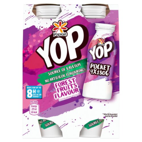 Forest fruits flavour yogurt drink<br/><br/><b>Further Description</b><br/>YOP It's in you<br/>
Who said there is only one path to success?<br/>
In the final of the 2016 Triathlon World Series, J.Brownlee who was leading the race, felt dizzy a few metres away from the finish line. His brother, just behind him, stepped to help him finish the race, letting first place go...<br/><br/><b>Nutritional Claims</b><br/>Source of calcium<br/>Source of vitamin D<br/><br/><b>Features</b><br/>A perfect snack that you can drink with a taste that teens will love!<br/>A fun and tasty snack<br/>Source of calcium<br/>No artificial flavours<br/><br/><b>Pack Size</b><br/>180g ℮<br/><br/><b>Usage Other Text</b><br/>One bottle contains 1 portion<br/><br/><b>Usage Count</b><br/>Number of uses - Servings - 1<br/><br/><br/><b>Ingredients</b><br/>Yogurt (Reconstituted Skimmed <span style='font-weight: bold;'>Milk</span>, Cream (<span style='font-weight: bold;'>Milk</span>), Lactic Cultures (<span style='font-weight: bold;'>Milk</span>))<br/>Sugar 7.9%<br/>Natural Flavouring<br/><span style='font-weight: bold;'>Milk</span> Mineral Concentrate<br/>Vitamin D<br/><br/><b>Allergy Advice</b><br/>For allergens: see ingredients in <span style='font-weight: bold;'>bold</span>.<br/><br/><br/><b>Number of Units</b><br/>4<br/><br/><b>Storage Type</b><br/>Chilled<br/><br/><b>Storage and Usage Statements</b><br/>Keep Refrigerated<br/><br/><b>Storage</b><br/>Keep refrigerated 2-5°C<br/><br/><b>Storage Conditions</b><br/>Min Temp °C 2<br/>Max Temp °C 5<br/><br/><b>Preparation and Usage</b><br/>Shake well before opening<br/><br/><b>Company Name</b><br/>Yoplait UK Ltd / Yoplait Ireland Ltd.<br/><br/><b>Company Address</b><br/>Yoplait UK Ltd,<br/>
PO Box 1128,<br/>
Uxbridge,<br/>
UB8 9XU.<br/>
<br/>
Yoplait Ireland Ltd.,<br/>
Unit 16A,<br/>
Fonthill Industrial Park,<br/>
Clondalkin,<br/>
Dublin 22,<br/>
Ireland.<br/><br/><b>Telephone Helpline</b><br/>0800 358 0401<br/>IRE: 1890 81 8988<br/><br/><b>Return To</b><br/>Want to discuss?<br/>
Yoplait UK Ltd,<br/>
PO Box 1128,<br/>
Uxbridge,<br/>
UB8 9XU.<br/>
Consumer careline: 0800 358 0401<br/>
<br/>
Yoplait Ireland Ltd.,<br/>
Unit 16A,<br/>
Fonthill Industrial Park,<br/>
Clondalkin,<br/>
Dublin 22,<br/>
Ireland.<br/>
Consume Careline for IRE: 1890 81 8988<br/>