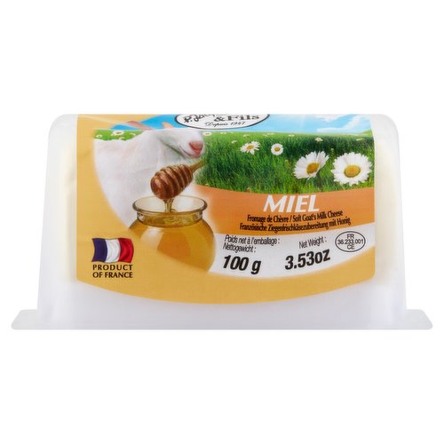 Soft goat's milk cheese<br/><br/><b>Pack Size</b><br/>100g ℮<br/><br/><br/><b>Ingredients</b><br/>Pasteurised Goat's <span style='font-weight: bold;text-decoration: underline;'>Milk</span><br/>Honig Powder 7% (48% Honig, Maltodextrin, Sodium Alginate)<br/>Salt<br/>Aroma<br/>Rennet<br/><span style='font-weight: bold;text-decoration: underline;'>Ferments</span><br/>Conservative: Potassium Sorbate<br/><br/><b>Storage Type</b><br/>Chilled<br/><br/><b>Storage and Usage Statements</b><br/>Keep Refrigerated<br/><br/><b>Storage</b><br/>Keep refrigerated between +2°C and +8°C. Best by date : see pack.<br/><br/><b>Storage Conditions</b><br/>Min Temp °C 2<br/>Max Temp °C 8<br/><br/>Country of Origin - France<br/><br/><b>Origin</b><br/>Product of France<br/><br/><b>Company Name</b><br/>Fromagerie P. Jacquin & Fils<br/><br/><b>Company Address</b><br/>36 600 La Vernelle,<br/>
France.<br/><br/><b>Return To</b><br/>Fromagerie P. Jacquin & Fils,<br/>
36 600 La Vernelle,<br/>
France.<br/>