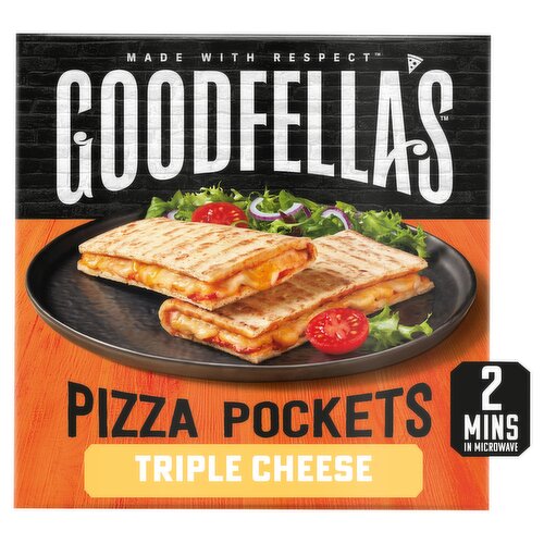 Pizza Sandwich with Tomato Sauce, Mozzarella Cheese, Edam Cheese & Emmental Cheese.<br/><br/><b>Further Description</b><br/>For a Sustainable Tomorrow<br/>
Making a difference with responsibly sourced and prepared food every day<br/>
goodfellaspizzas.com/our-sustainable-path<br/><br/><b>Features</b><br/>Made with Respect<br/>Microwave in 2 Mins<br/>Perfect for a light meal<br/>Suitable for Vegetarians<br/><br/><b>Lifestyle</b><br/>Suitable for Vegetarians<br/><br/><b>Pack Size</b><br/>250g ℮<br/><br/><b>Usage Other Text</b><br/>This pack contains 2 servings<br/><br/><b>Usage Count</b><br/>Number of uses - Servings - 2<br/><br/><b>Recycling Info</b><br/>Box - Recycle<br/>Card - Recycle<br/>Film - Don't Recycle<br/><br/><br/><b>Ingredients</b><br/><span style='font-weight: bold;'>WHEAT</span> Flour<br/>Water<br/>Mozzarella Cheese (<span style='font-weight: bold;'>MILK</span>) (13%)<br/>Edam Cheese (<span style='font-weight: bold;'>MILK</span>) (13%)<br/>Tomato Purée<br/>Emmental Cheese (<span style='font-weight: bold;'>MILK</span>) (6%)<br/>Sunflower Oil<br/>Yeast<br/>Salt<br/>Sugar<br/>Emulsifier: Methylcellulose<br/>Raising Agents: Diphosphates, Sodium Carbonates<br/>Oregano<br/>Garlic<br/>Onion<br/>Black Pepper<br/>Flour Treatment Agent: L-Cysteine<br/><br/><b>Allergy Advice</b><br/>For allergens see ingredients in <span style='font-weight: bold;'>BOLD</span>.<br/><br/><br/><b>Allergy Text</b><br/>May contain <span style='font-weight: bold;'>EGG</span>, <span style='font-weight: bold;'>MUSTARD</span> and <span style='font-weight: bold;'>SOYA</span>.<br/><br/><br/><b>Storage Type</b><br/>Frozen<br/><br/><b>Storage and Usage Statements</b><br/>Keep Frozen<br/><br/><b>Storage</b><br/>Store frozen at -18°C or cooler. Do not refreeze after defrosting.<br/>
See top of pack for best before end date.<br/><br/><b>Storage Conditions</b><br/>Max Temp °C -18<br/><br/><b>Cooking Guidelines</b><br/>Cooking Instructions - General - Please ensure food is cooked until piping hot. Allow pizza pocket to stand for 2 minutes before eating, can be very hot!<br/>Microwave - From Frozen - 1 For best results, cook from frozen. Remove the film packaging.<br/>
2 Place the pizza pocket on its cardboard base on a microwavable plate. Appliances vary, these instructions are a guide only.<br/>
3 Microwave on full power for:<br/>
1 pizza pocket<br/>
700W 2 1/2 min<br/>
800W 2 min<br/>
900W 2 min<br/>Oven cook - From Frozen - 1 For best results, cook from frozen. Preheat conventional oven to 200°C / gas mark 6, or 180°C for fan oven. Appliances vary, these instructions are a guide only.<br/>
2 Remove all of the packaging and place the outer carton and the cardboard base in recycling.<br/>
3 Place on a baking tray in middle oven shelf, bake until golden for 15-20 minutes. Turn over halfway through cooking.<br/><br/><b>Company Name</b><br/>Birds Eye Ltd. / Birds Eye Ireland Ltd.<br/><br/><b>Company Address</b><br/>Birds Eye Ltd.,<br/>
Freepost ADM3939,<br/>
London,<br/>
SW1A 1YS.<br/>
<br/>
Birds Eye Ireland Ltd.,<br/>
Monread Road,<br/>
Naas,<br/>
Co. Kildare,<br/>
W91 HE67,<br/>
Ireland.<br/><br/><b>Telephone Helpline</b><br/>UK: 0800 33 22 77<br/>ROI: 1800 817 358<br/><br/><b>Web Address</b><br/>www.goodfellaspizzas.com<br/><br/><b>Return To</b><br/>We really want to know if you enjoyed your pizza. Write, email, call or find us on social, we'd love to hear from you:<br/>
Birds Eye Ltd.,<br/>
Freepost ADM3939,<br/>
London,<br/>
SW1A 1YS.<br/>
<br/>
Birds Eye Ireland Ltd.,<br/>
Monread Road,<br/>
Naas,<br/>
Co. Kildare,<br/>
W91 HE67,<br/>
Ireland.<br/>
Customer Care Number:<br/>
UK: 0800 33 22 77<br/>
ROI: Callsave 1800 817 358<br/>
customerrelations@birdseye.co.uk<br/>
www.goodfellaspizzas.com<br/>