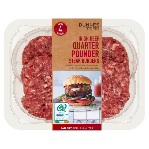 Dunnes Stores 4 Irish Beef Quarter Pounder Steak Burgers 454g