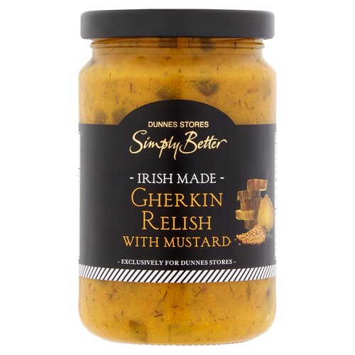 Mustard and Gherkin Relish<br/><br/><b>Features</b><br/>Irish made<br/><br/><b>Pack Size</b><br/>300g ℮<br/><br/><br/><b>Ingredients</b><br/>Gherkins (32%)<br/>Onion<br/>Water<br/>Sugar<br/>Spirit Vinegar<br/><span style='font-weight: bold;'>Mustard</span> Flour (4%)<br/>Modified Maize Starch<br/>Garlic<br/>Spices<br/><span style='font-weight: bold;'>Mustard</span> Seeds<br/>Salt<br/>White Wine Vinegar<br/>Lemon Concentrate<br/>Dill<br/>Dill Oil<br/><br/><b>Allergy Advice</b><br/>For allergens, see ingredients in <span style='font-weight: bold;'>bold</span>.<br/><br/><br/><b>Safety Warning</b><br/>SAFETY BUTTON POPS UP WHEN SEAL IS BROKEN<br/><br/><b>Storage Type</b><br/>Ambient<br/><br/><b>Storage</b><br/>Store in a cool dry place. Once opened, keep refrigerated and consume within 21 days. For 'best before' date, see lid.<br/><br/><b>Origin</b><br/>Packed in Co. Cork<br/><br/><b>Company Name</b><br/>Dunnes Stores<br/><br/><b>Company Address</b><br/>46-50 South Great George's Street,<br/>
Dublin 2.<br/>
<br/>
Store 3,<br/>
Forestside S.C.,<br/>
Upr. Galwally Rd.,<br/>
Belfast,<br/>
BT8 6FX.<br/><br/><b>Return To</b><br/>Dunnes Stores,<br/>
46-50 South Great George's Street,<br/>
Dublin 2.<br/>
<br/>
Dunnes Stores,<br/>
Store 3,<br/>
Forestside S.C.,<br/>
Upr. Galwally Rd.,<br/>
Belfast,<br/>
BT8 6FX.<br/>