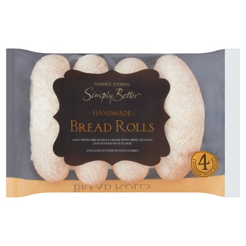 4 Bread Rolls<br/><br/><b>Pack Size</b><br/>320g ℮<br/><br/><b>Usage Other Text</b><br/>Number of Servings Per Pack: 4<br/><br/><b>Usage Count</b><br/>Number of uses - Servings - 4<br/><br/><br/><b>Ingredients</b><br/><span style='font-weight: bold;'>Wheat</span> Flour<br/>Water<br/>Yeast<br/>Oriel Sea Salt<br/>Flour Treatment Agent: Ascorbic Acid<br/><br/><b>Allergy Advice</b><br/>For allergens, including Cereals containing Gluten, see ingredients in bold.<br/><br/><br/><b>Allergy Text</b><br/>May also contain Egg, Sesame, Soya and Milk.<br/><br/><br/><b>Storage Type</b><br/>Ambient<br/><br/><b>Storage</b><br/>- Store in a cool dry place away from direct sunlight.<br/>
- Once opened, store in an airtight container and consume within 24 hours.<br/>
- Suitable for home freezing.<br/>
- If freezing, freeze on the day of purchase and consume within 1 month.<br/>
- Defrost thoroughly before consuming and consume within 24 hours.<br/>
- Once thawed do not refreeze.<br/><br/><b>Preparation and Usage</b><br/>Serving Suggestion<br/>
Perfect roll for a gourmet Hot Dog or hot sandwich offering.<br/><br/><b>Origin</b><br/>Packed in Co. Waterford<br/><br/><b>Company Name</b><br/>Dunnes Stores<br/><br/><b>Company Address</b><br/>46-50 South Great George's Street,<br/>
Dublin 2.<br/>
<br/>
Store 3,<br/>
Forestside S.C.,<br/>
Upr. Galwally Rd.,<br/>
Belfast,<br/>
BT8 6FX.<br/><br/><b>Return To</b><br/>Our Quality Guarantee<br/>
Dunnes Stores is a brand of quality and better value since 1944. If you try and are not entirely satisfied with this Dunnes Stores product, please return the item with the original packaging and receipt to the store and we will be happy to replace or refund it for you. This does not affect your statutory rights.<br/>
Dunnes Stores,<br/>
46-50 South Great George's Street,<br/>
Dublin 2.<br/>
<br/>
Dunnes Stores,<br/>
Store 3,<br/>
Forestside S.C.,<br/>
Upr. Galwally Rd.,<br/>
Belfast,<br/>
BT8 6FX.<br/>