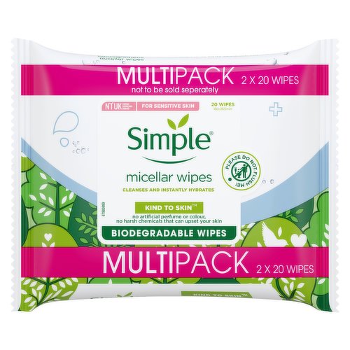 Simple Kind to Skin Micellar Biodegradable Cleansing Wipes 2 x 20 wipes